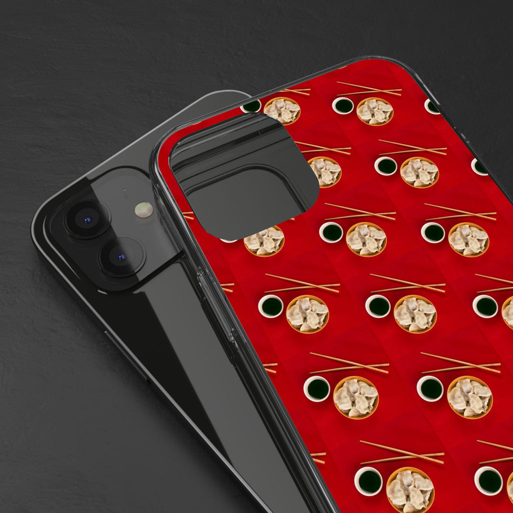 Clear Phone Case — Red Ramen Bowl Pattern with Chopsticks & Soy Sauce