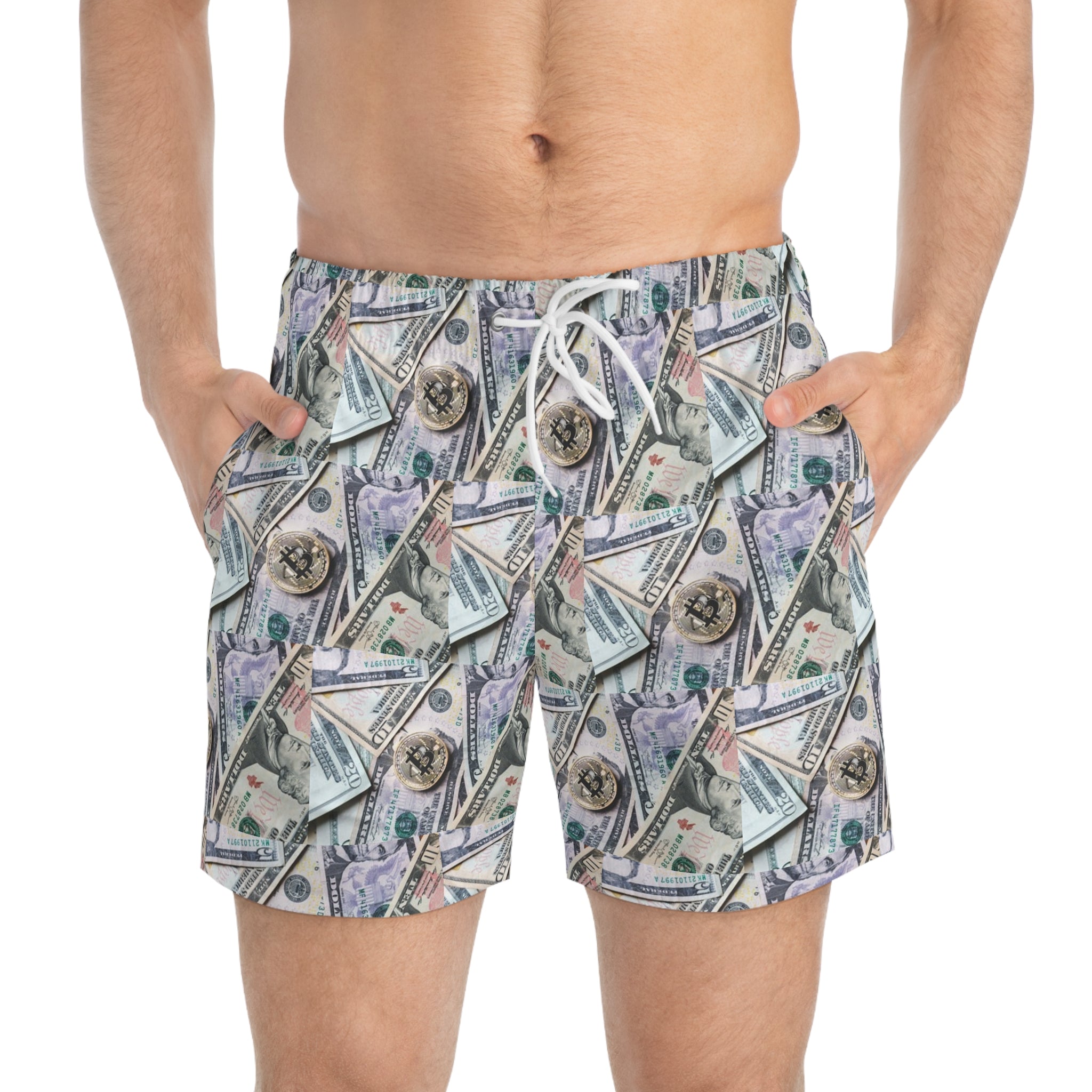 Money Print Swim Trunks — All-Over Cash Pattern Beach Shorts
