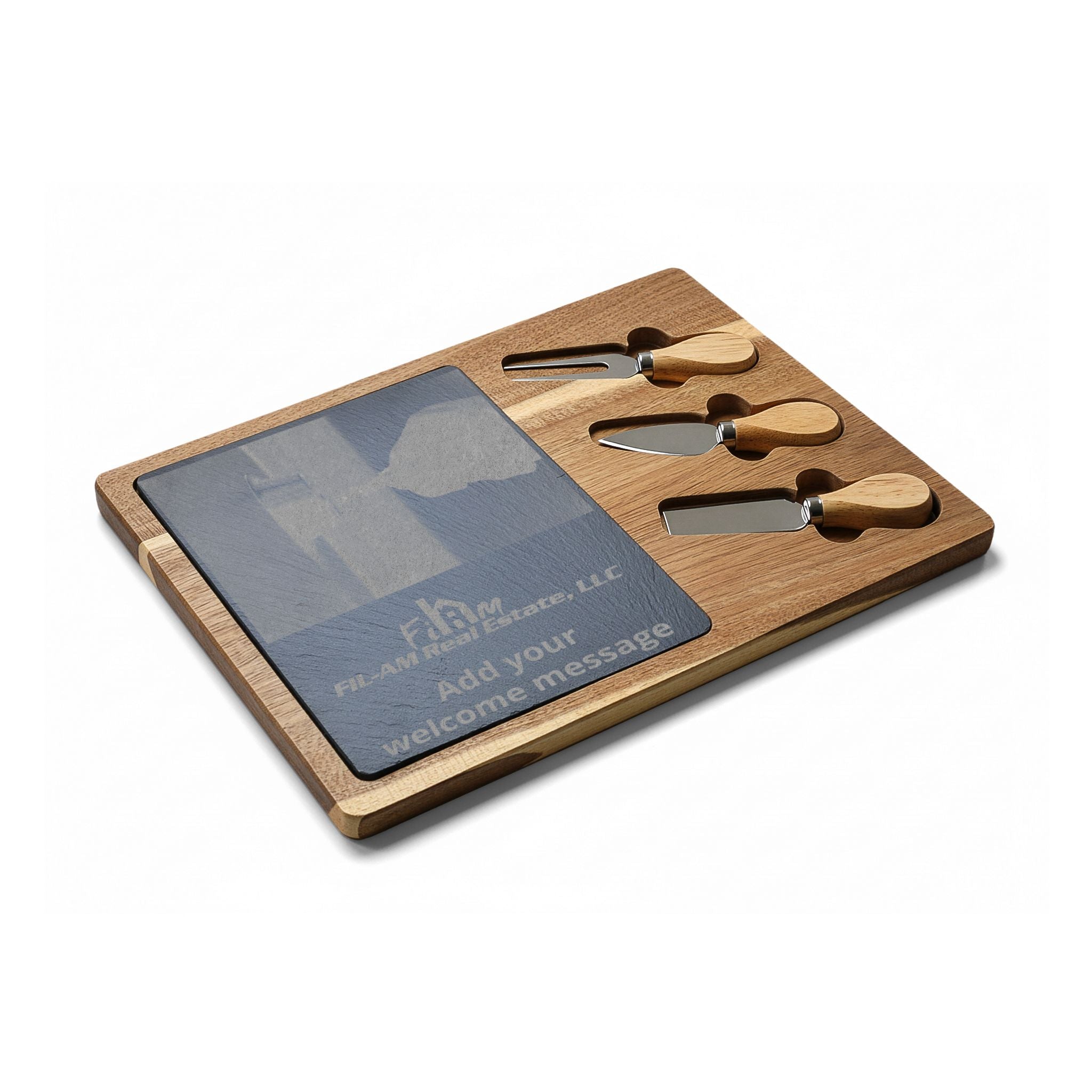 Engraved Acacia Charcuterie Board with Slate Inlay & 3-Piece Cheese Knife Set — Personalized Welcome Message