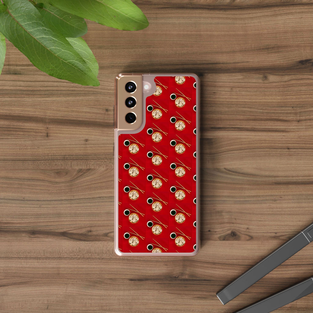 Clear Phone Case — Red Ramen Bowl Pattern with Chopsticks & Soy Sauce