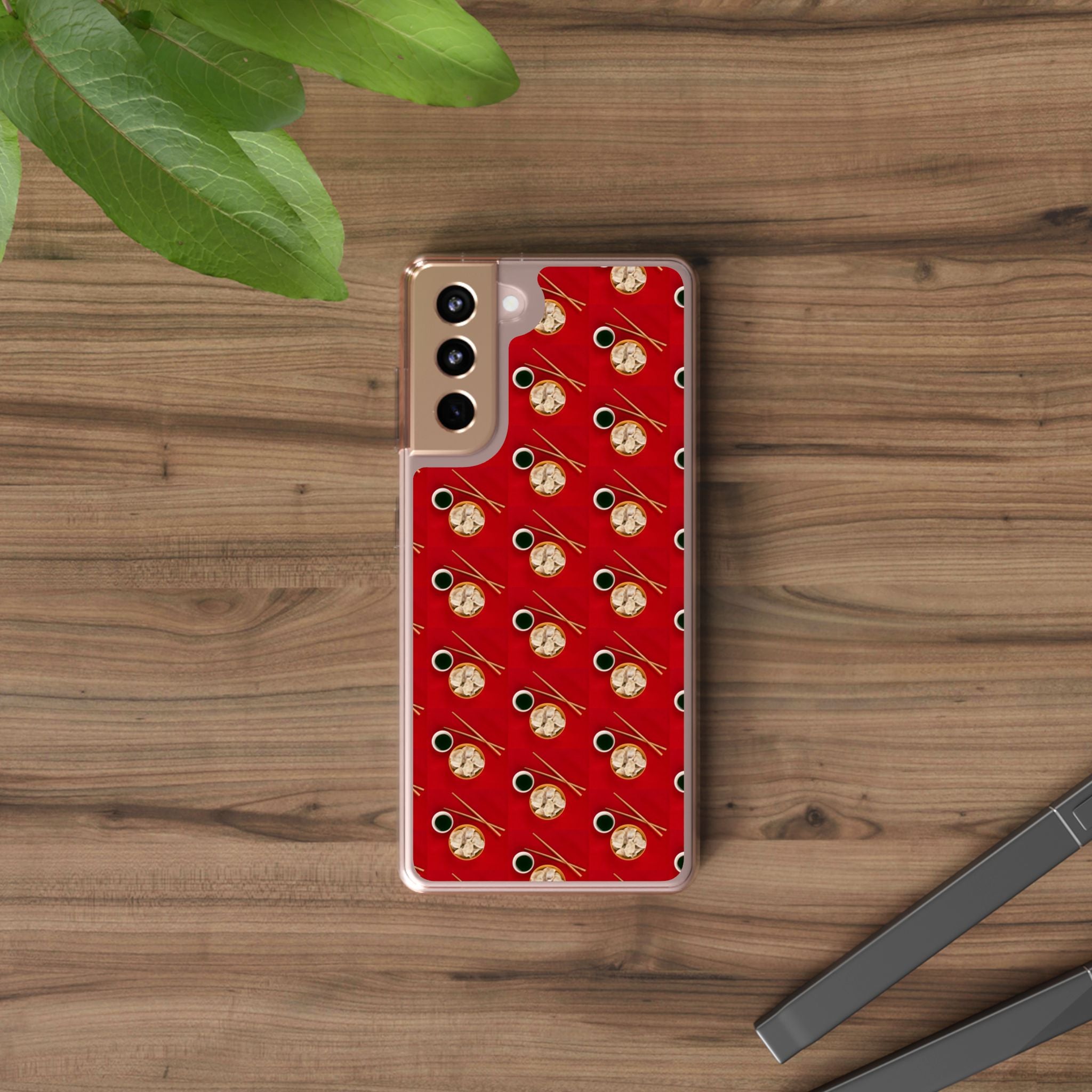Clear Phone Case — Red Ramen Bowl Pattern with Chopsticks & Soy Sauce