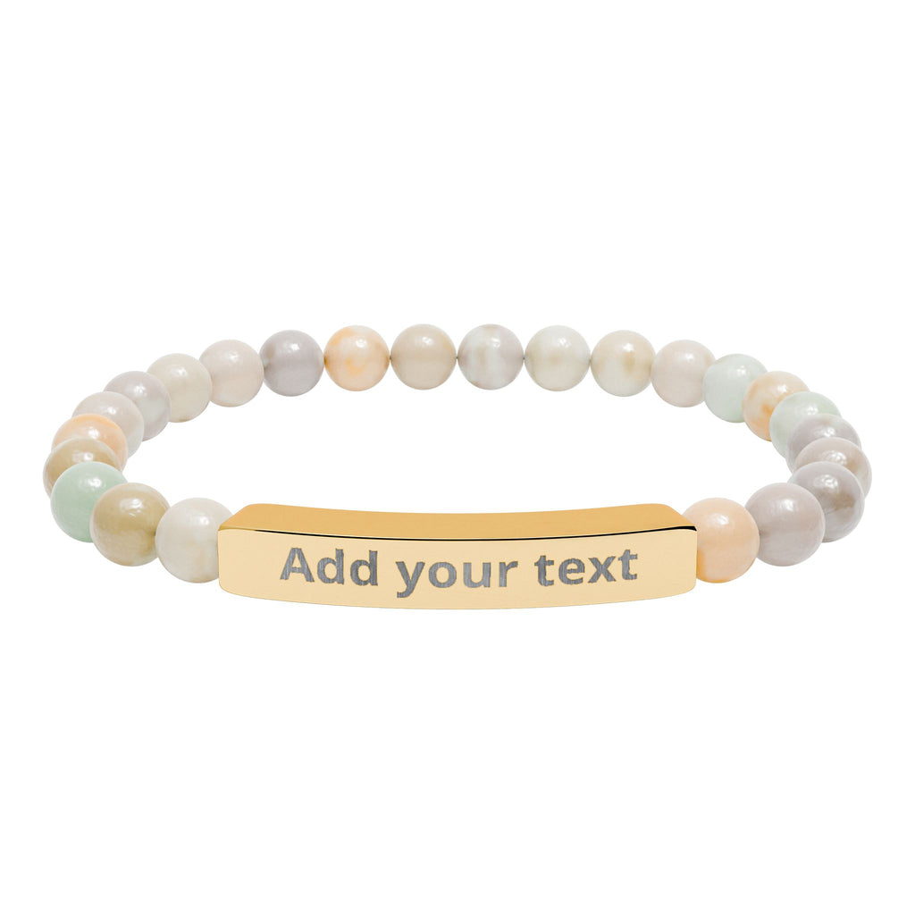Engraved Natural Stone Stretch Bar Bracelet — Personalized Beaded Healing Jewelry — Birthday & Valentine's Day Gift for Him & Her