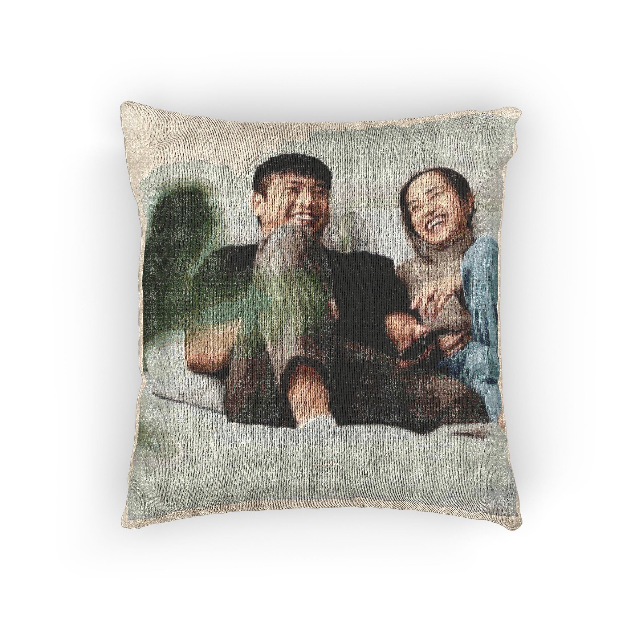 Woven Throw Pillow — Personalized Photo Tapestry Cushion for Couples, Cozy Living Room Accent