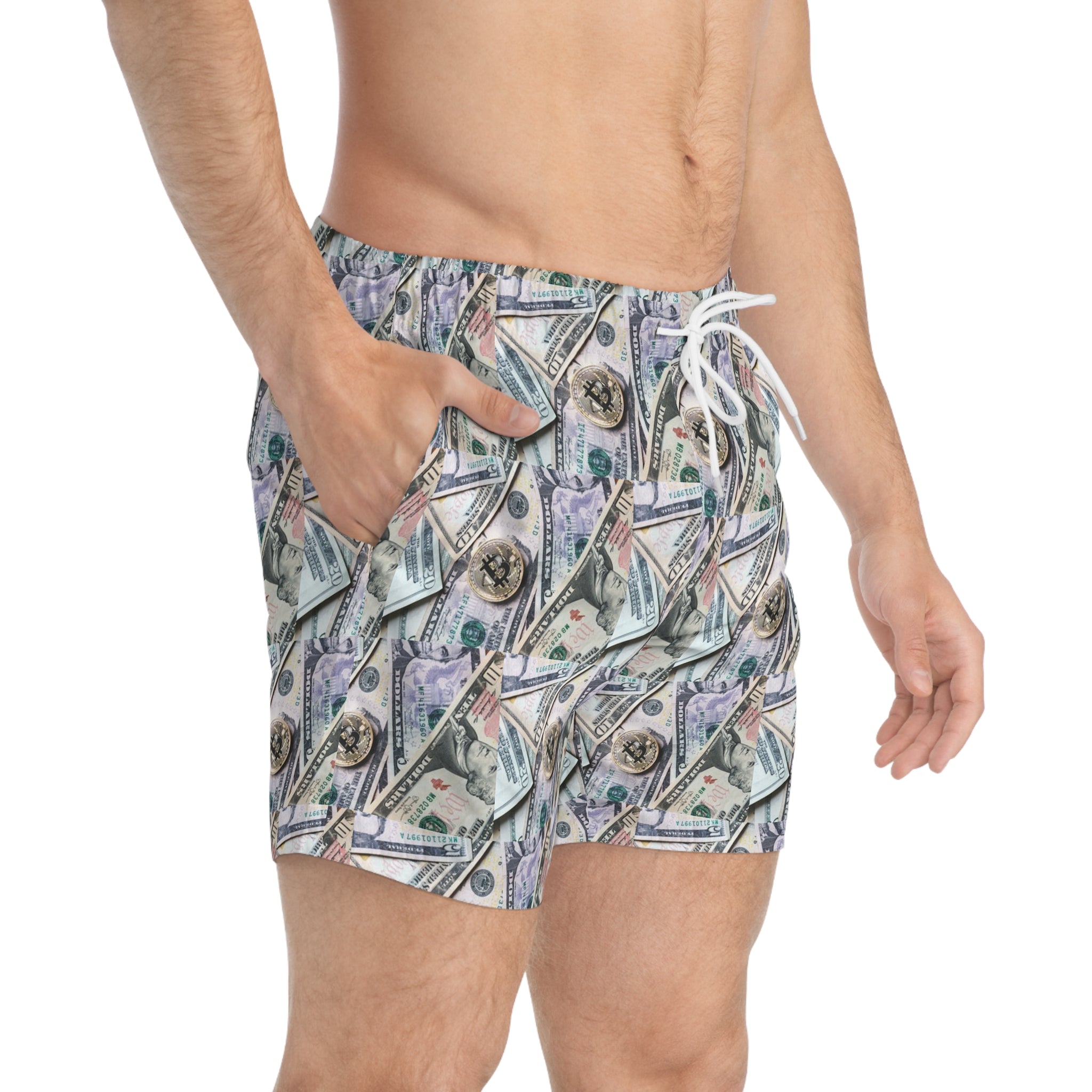 Money Print Swim Trunks — All-Over Cash Pattern Beach Shorts