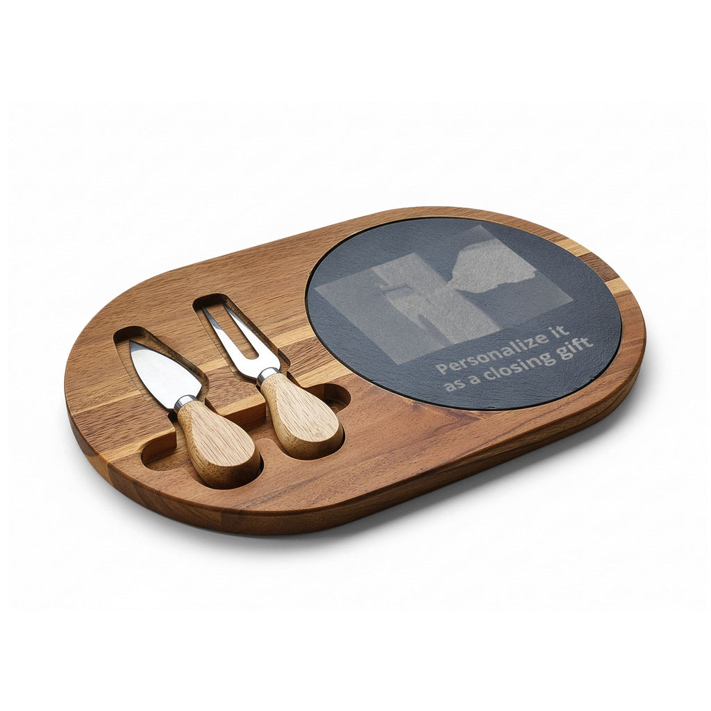Engraved Charcuterie Board with Cheese Knives — Personalized Oak Serving Platter
