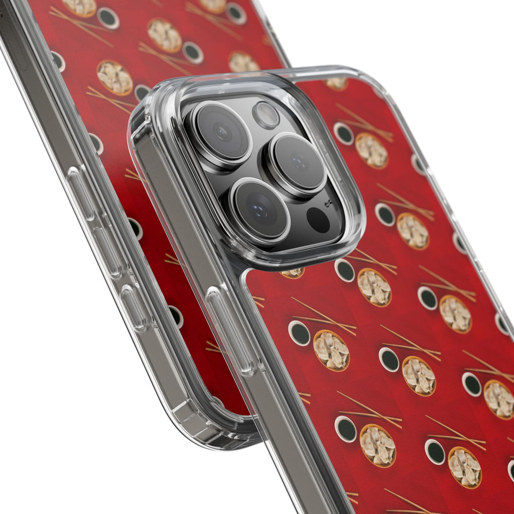 Clear Phone Case — Red Ramen Bowl Pattern with Chopsticks & Soy Sauce