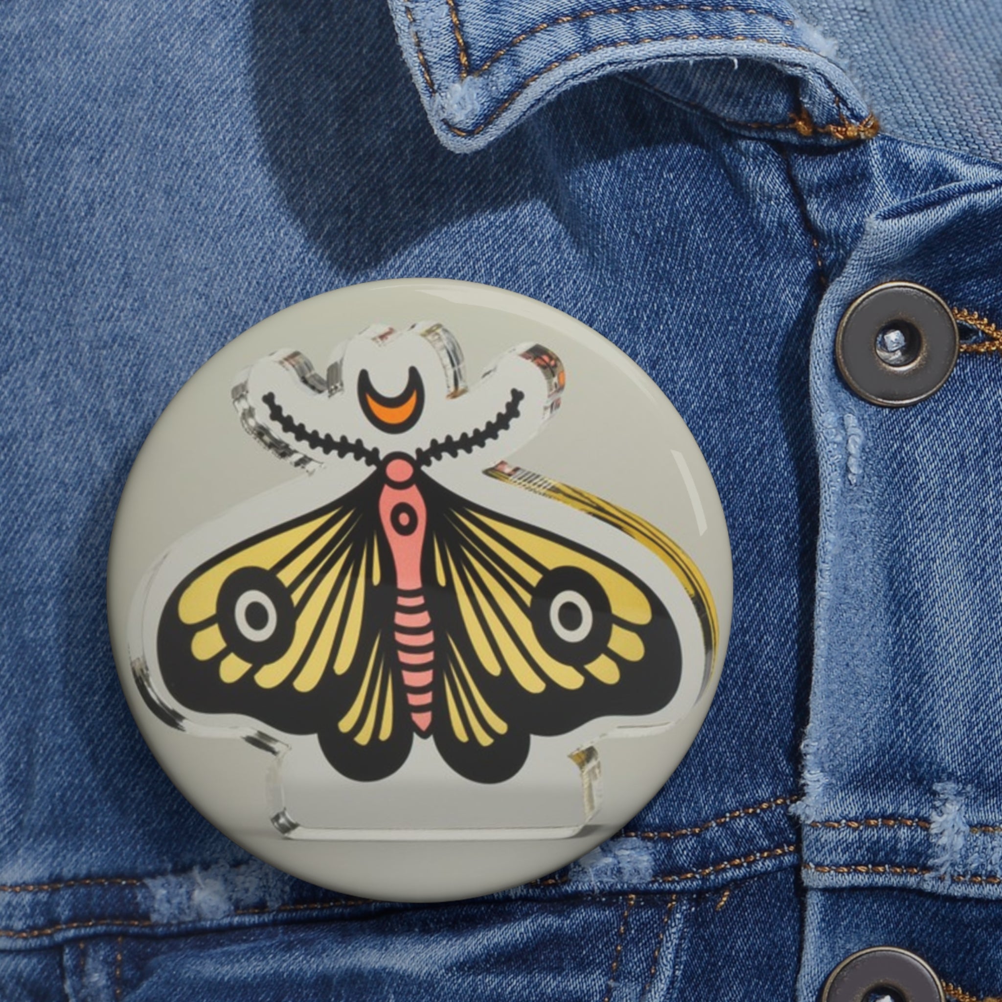 Moth Mandala Pin Button — Vintage-Inspired Enamel Style Badge for Jackets & Bags