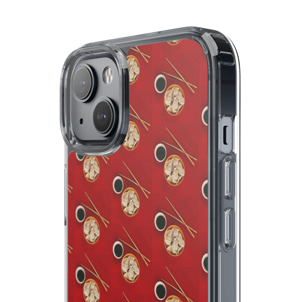 Clear Phone Case — Red Ramen Bowl Pattern with Chopsticks & Soy Sauce