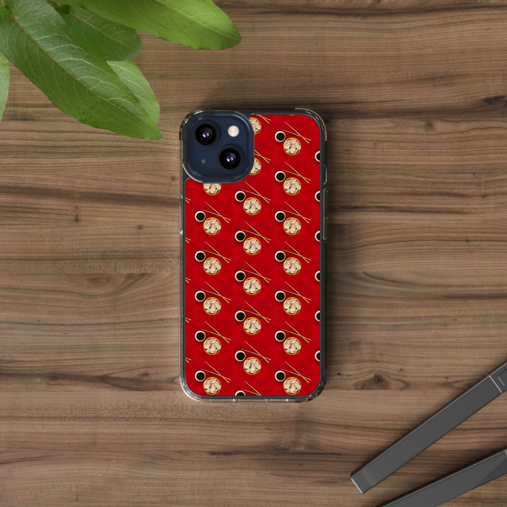 Clear Phone Case — Red Ramen Bowl Pattern with Chopsticks & Soy Sauce