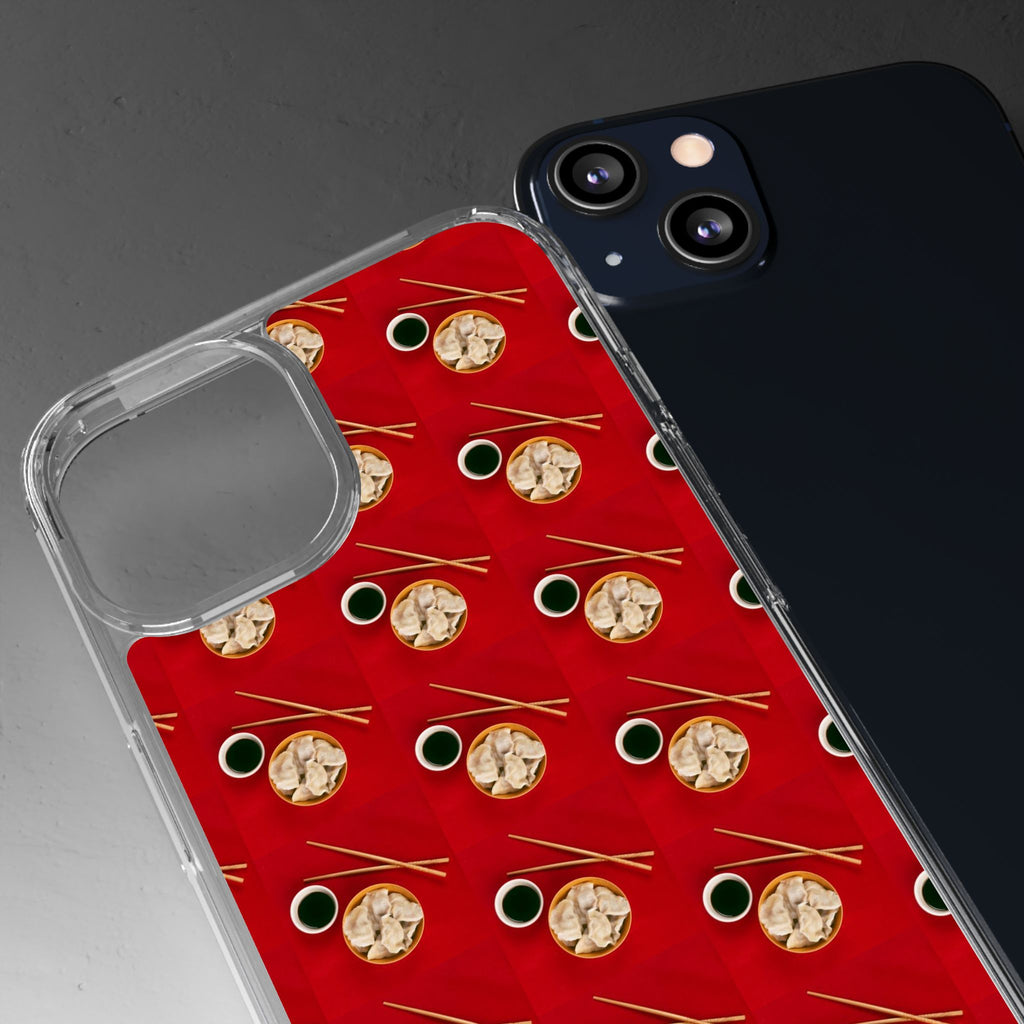 Clear Phone Case — Red Ramen Bowl Pattern with Chopsticks & Soy Sauce