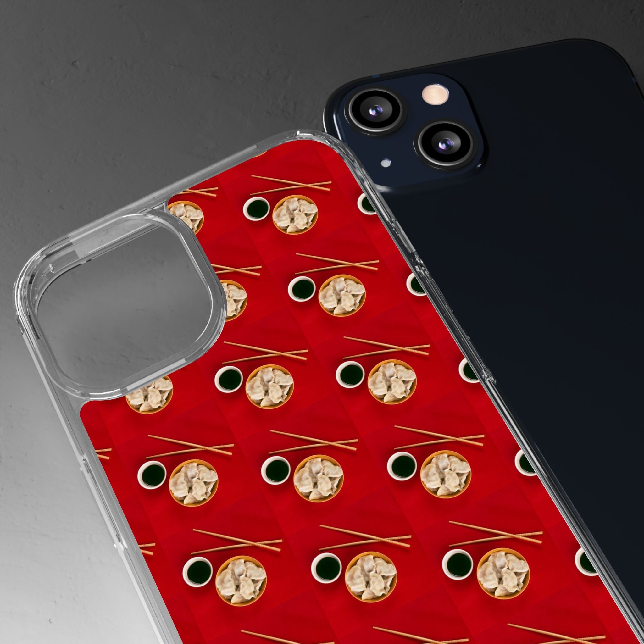 Clear Phone Case — Red Ramen Bowl Pattern with Chopsticks & Soy Sauce