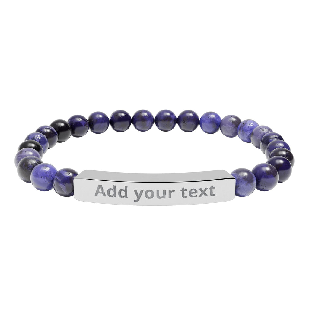 Engraved Natural Stone Stretch Bar Bracelet — Personalized Beaded Healing Jewelry — Birthday & Valentine's Day Gift for Him & Her