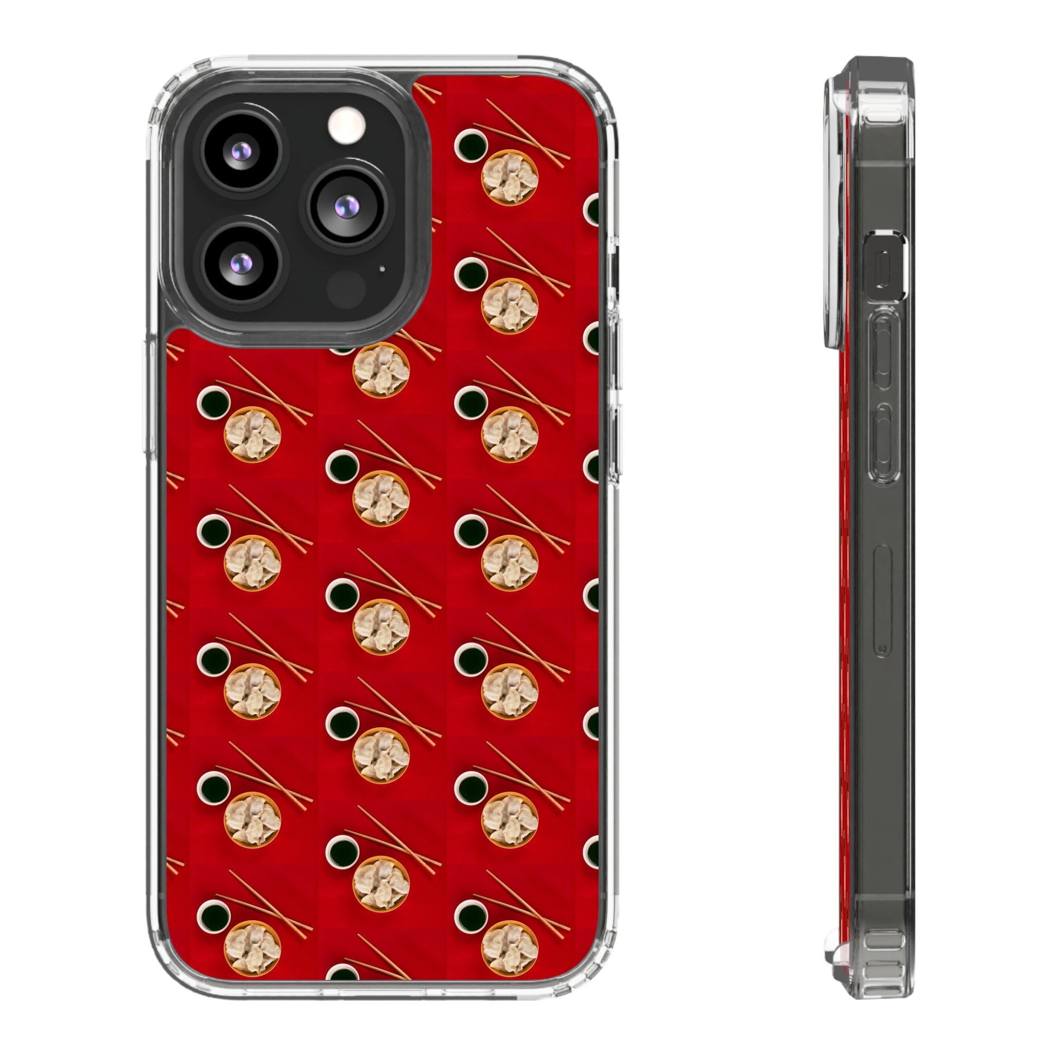 Clear Phone Case — Red Ramen Bowl Pattern with Chopsticks & Soy Sauce