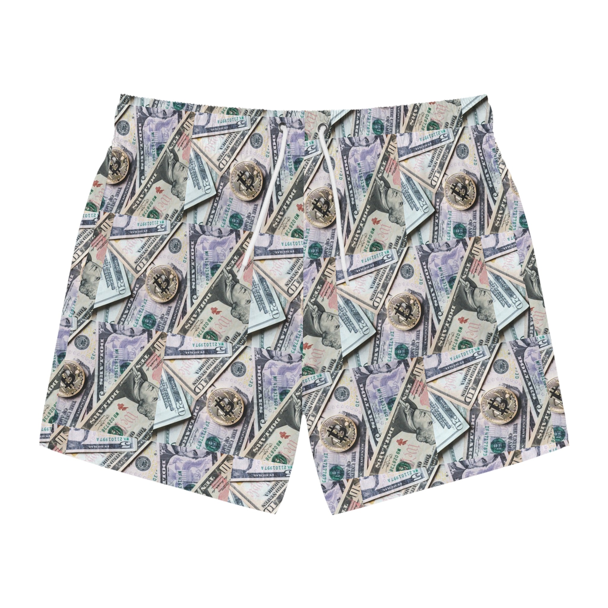 Money Print Swim Trunks — All-Over Cash Pattern Beach Shorts
