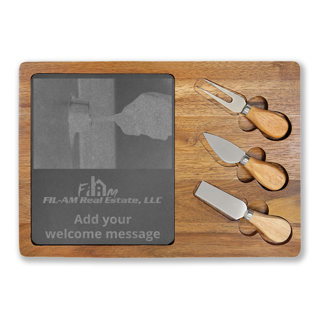 Engraved Acacia Charcuterie Board with Slate Inlay & 3-Piece Cheese Knife Set — Personalized Welcome Message