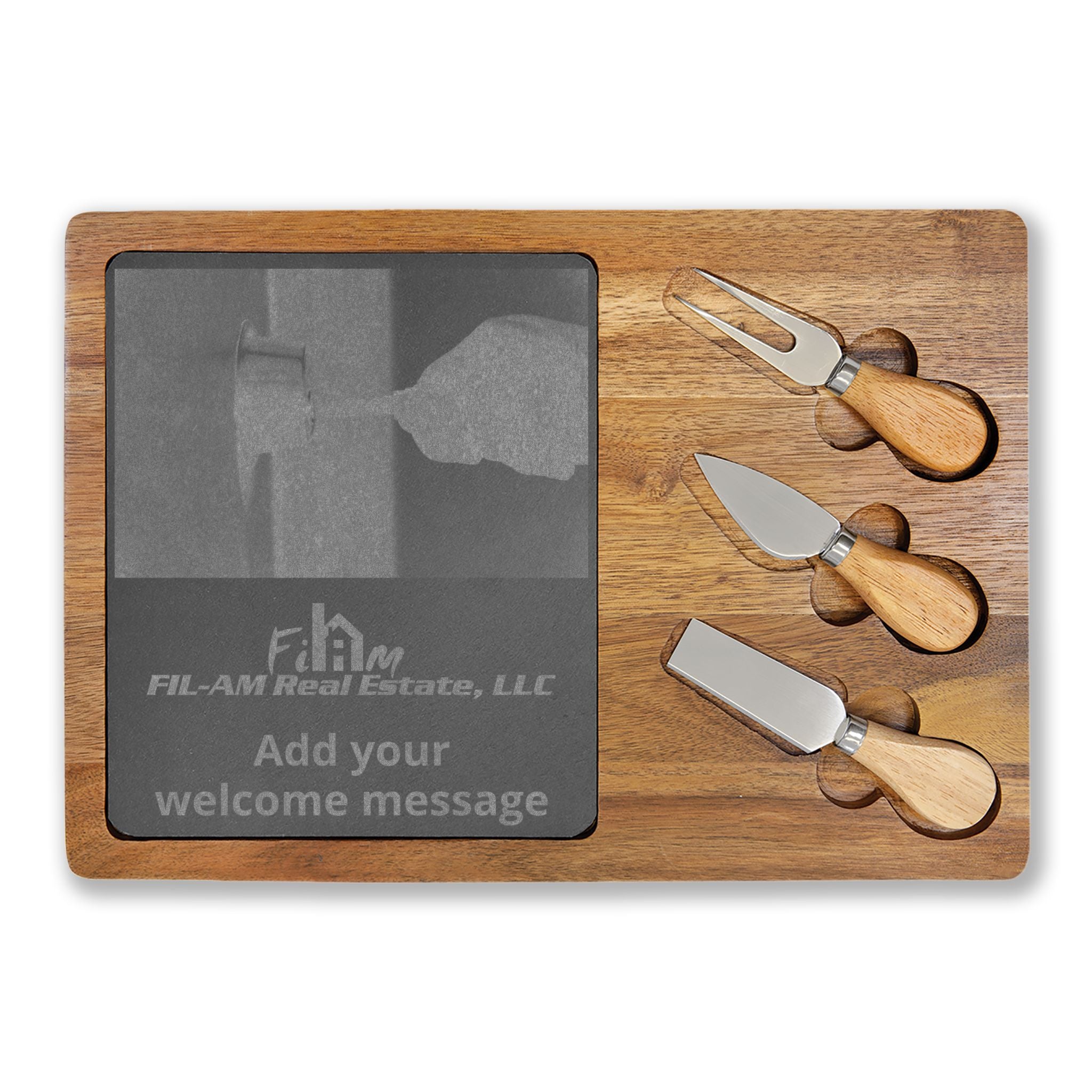 Engraved Acacia Charcuterie Board with Slate Inlay & 3-Piece Cheese Knife Set — Personalized Welcome Message