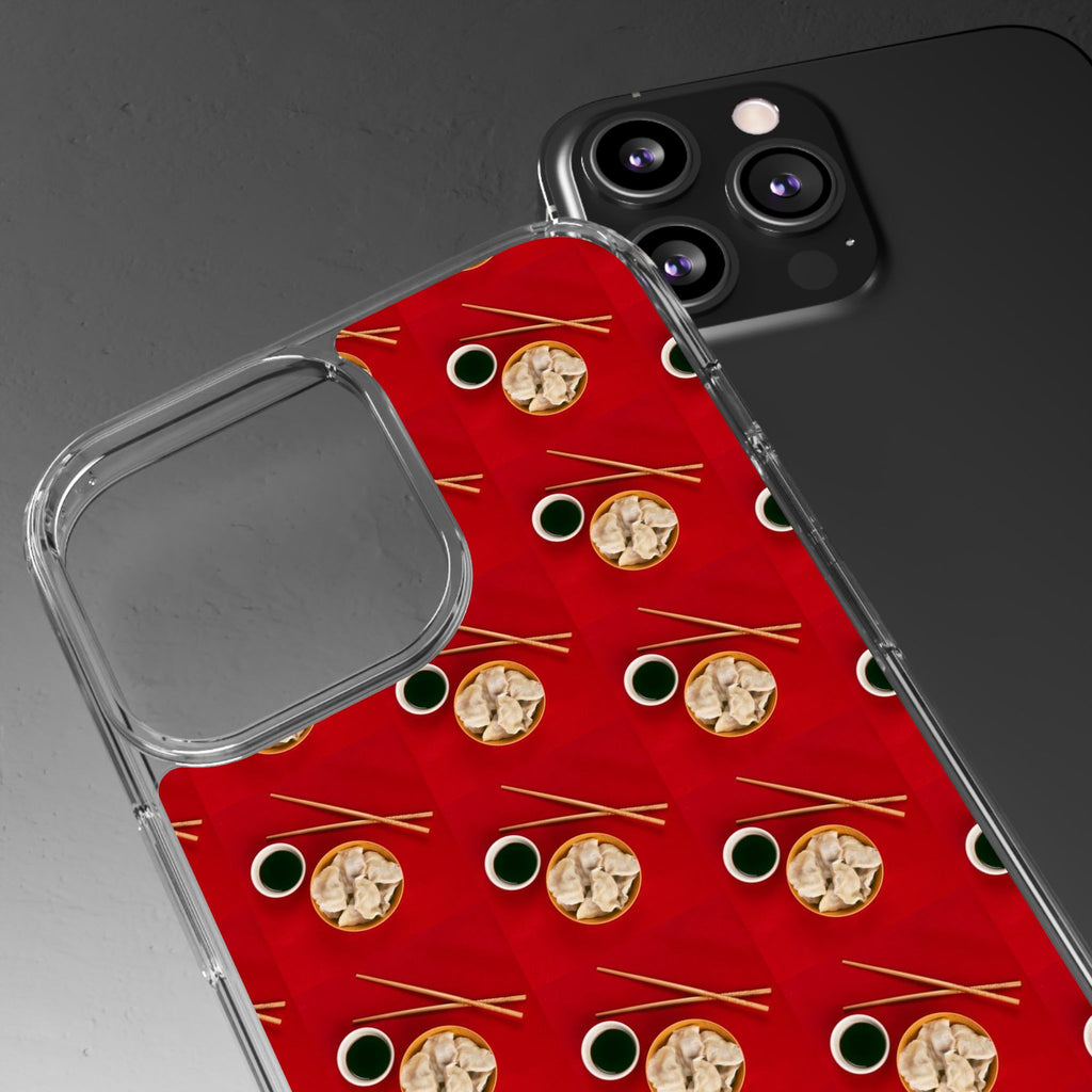 Clear Phone Case — Red Ramen Bowl Pattern with Chopsticks & Soy Sauce