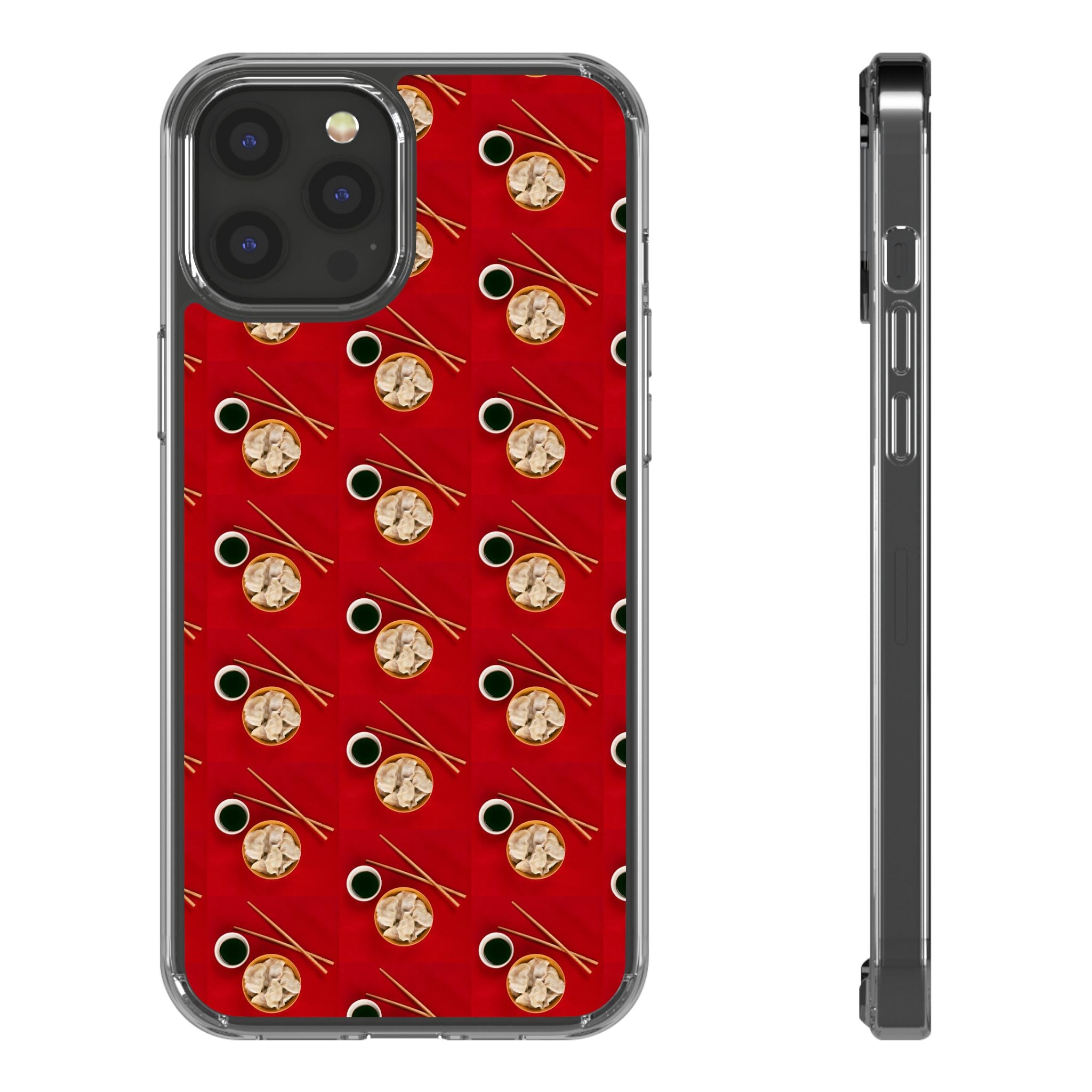 Clear Phone Case — Red Ramen Bowl Pattern with Chopsticks & Soy Sauce