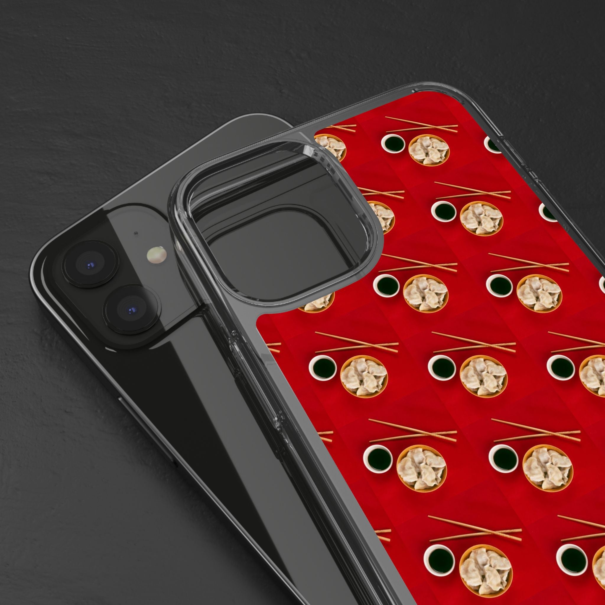 Clear Phone Case — Red Ramen Bowl Pattern with Chopsticks & Soy Sauce