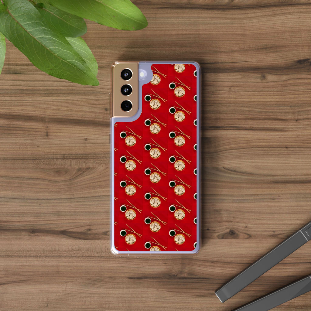 Clear Phone Case — Red Ramen Bowl Pattern with Chopsticks & Soy Sauce