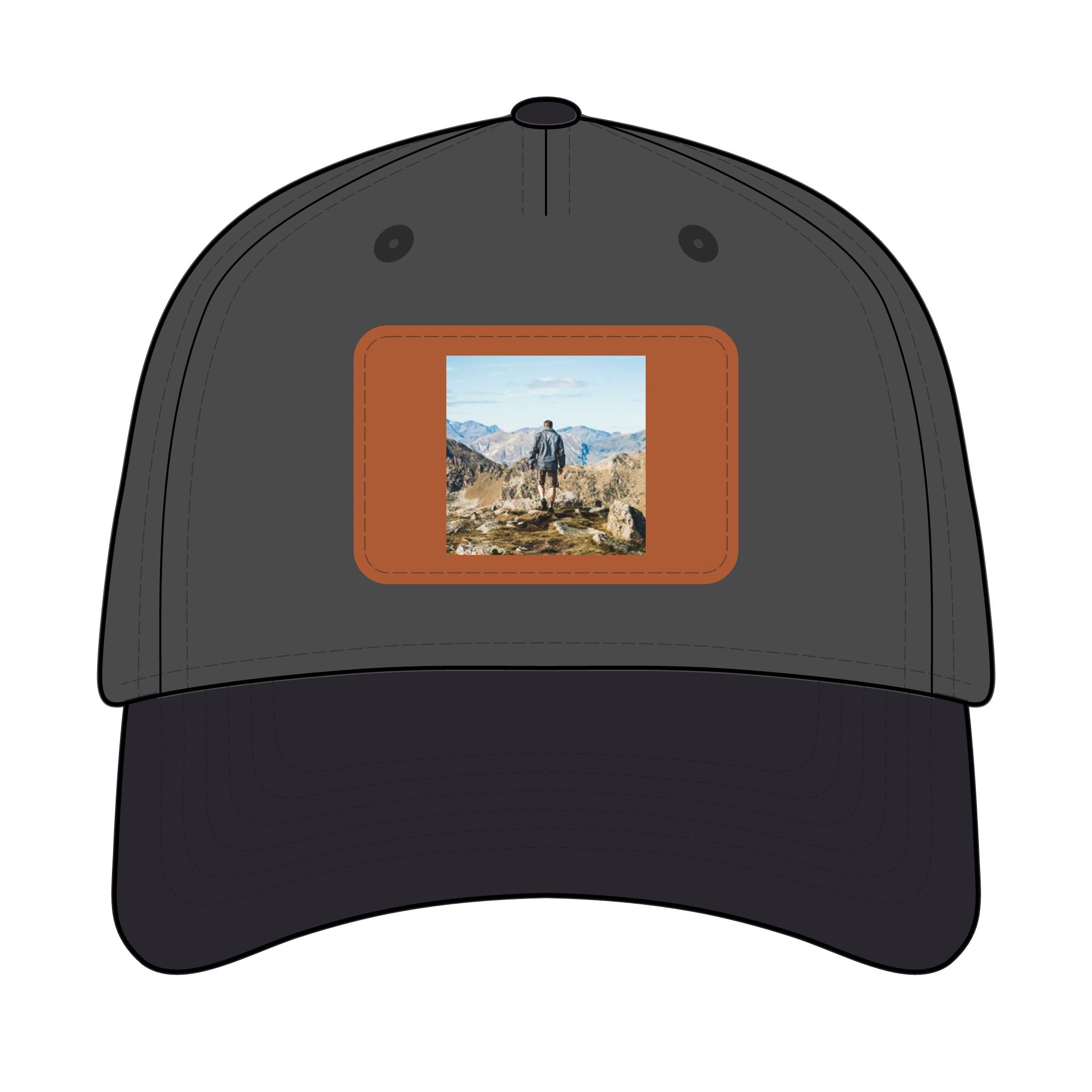 Outdoor Leather Patch Baseball Cap — Mountain Hiker Scene
