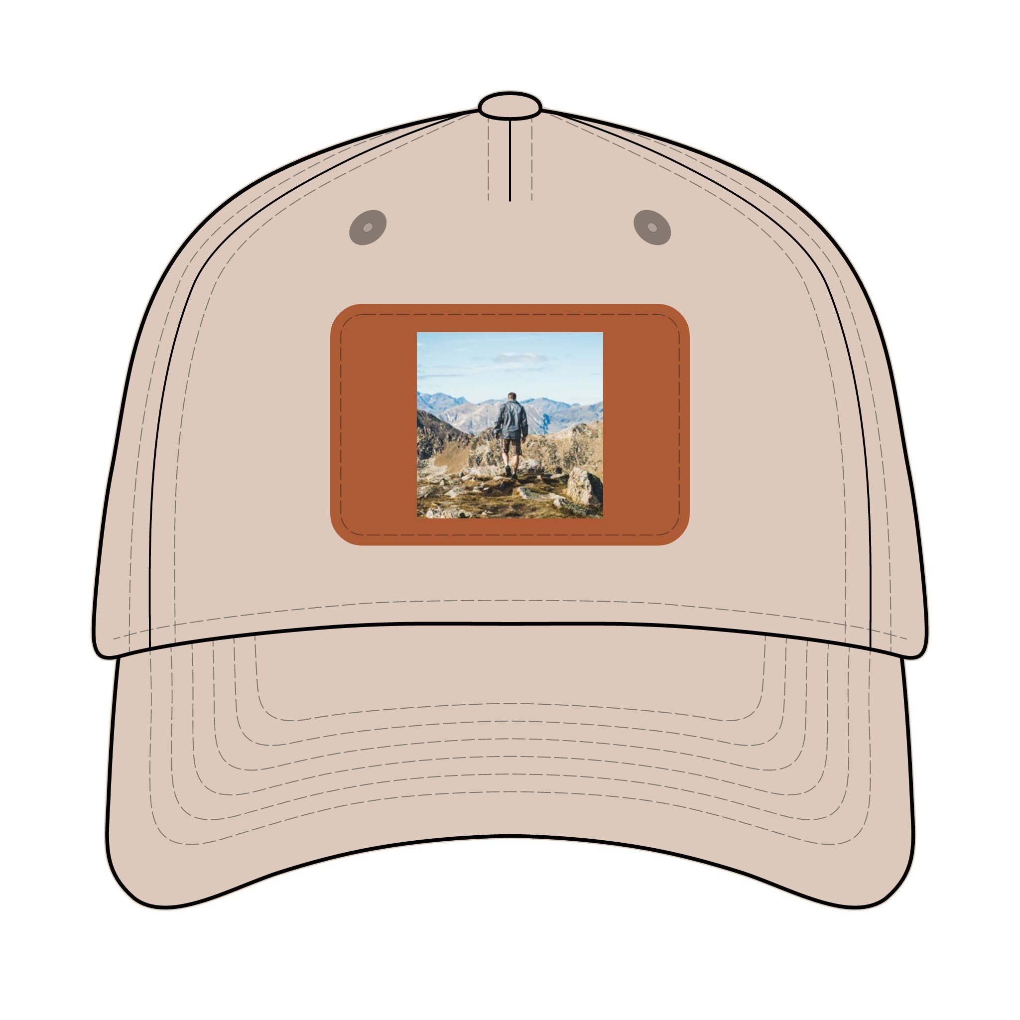 Outdoor Leather Patch Baseball Cap — Mountain Hiker Scene