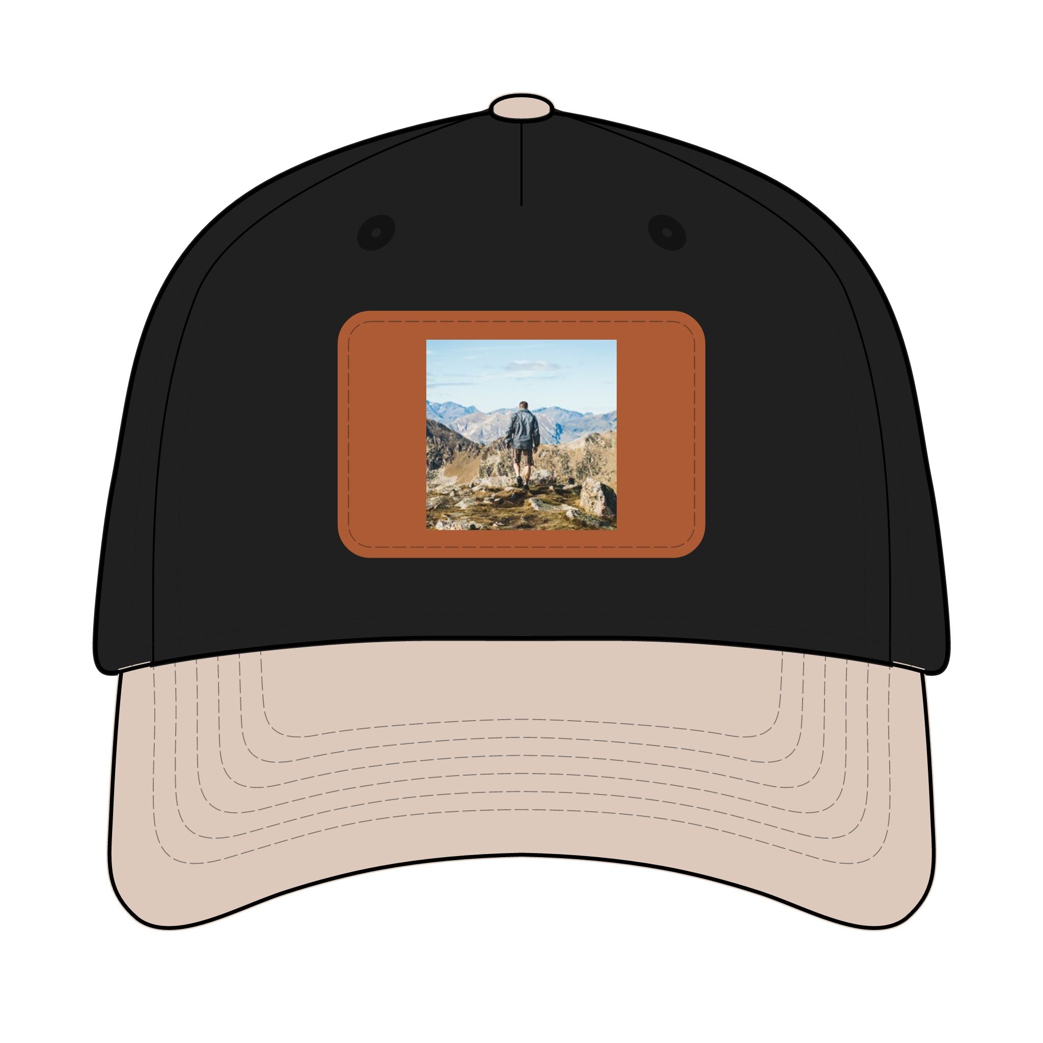 Outdoor Leather Patch Baseball Cap — Mountain Hiker Scene