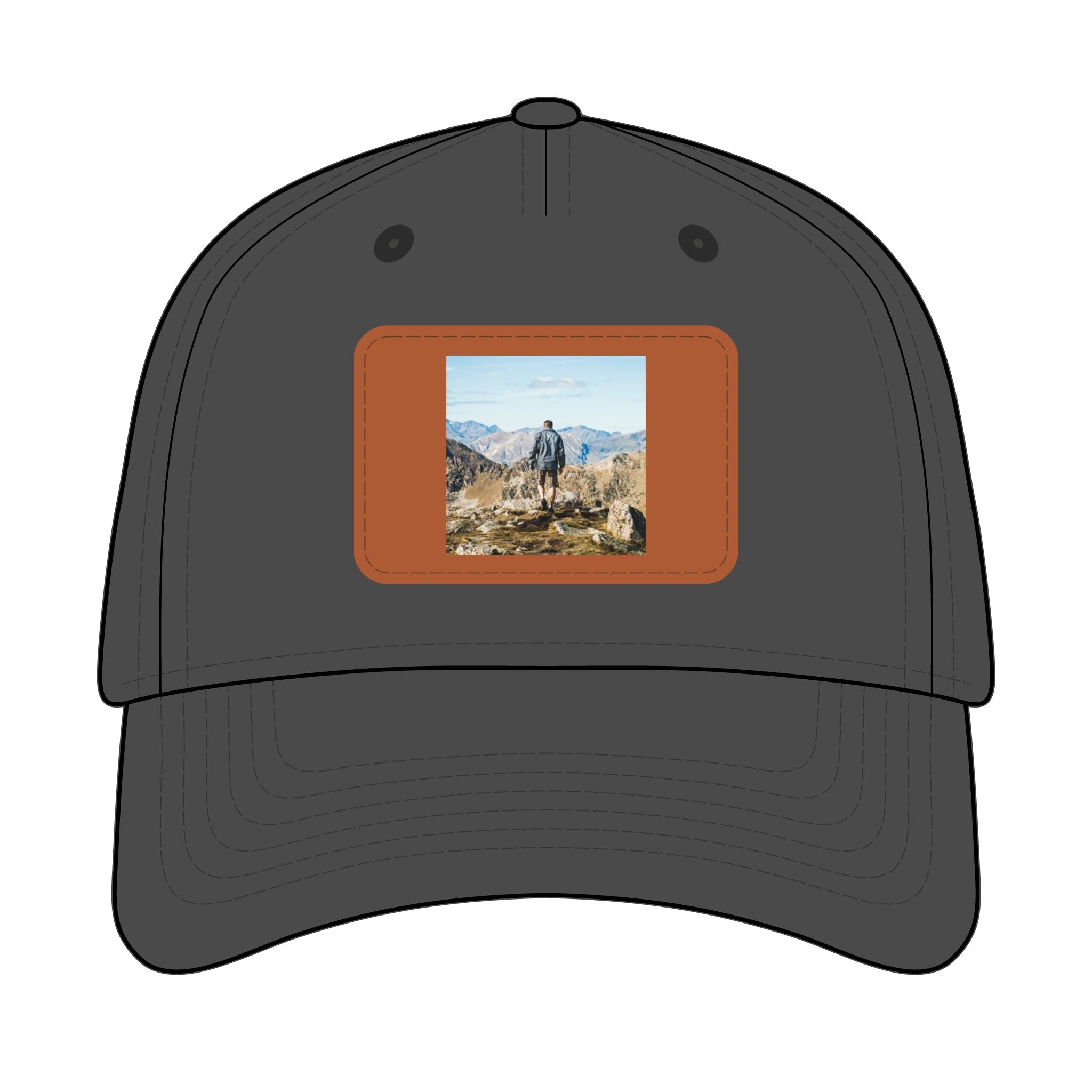 Outdoor Leather Patch Baseball Cap — Mountain Hiker Scene
