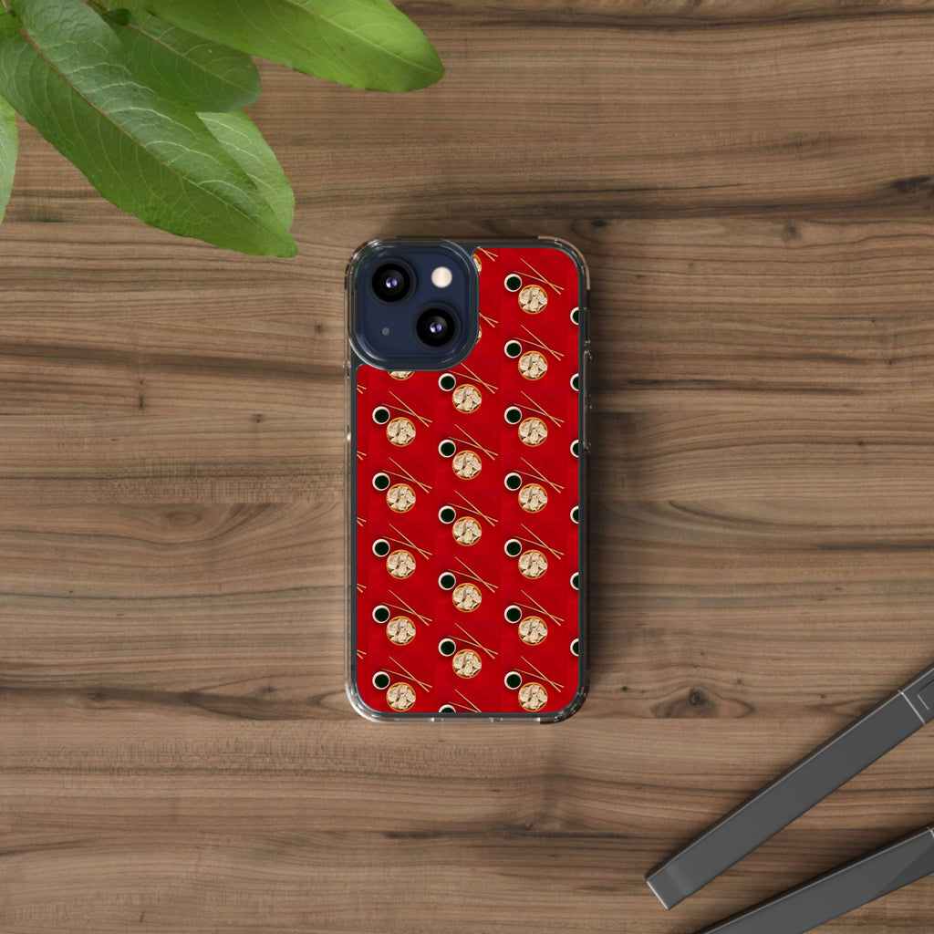 Clear Phone Case — Red Ramen Bowl Pattern with Chopsticks & Soy Sauce