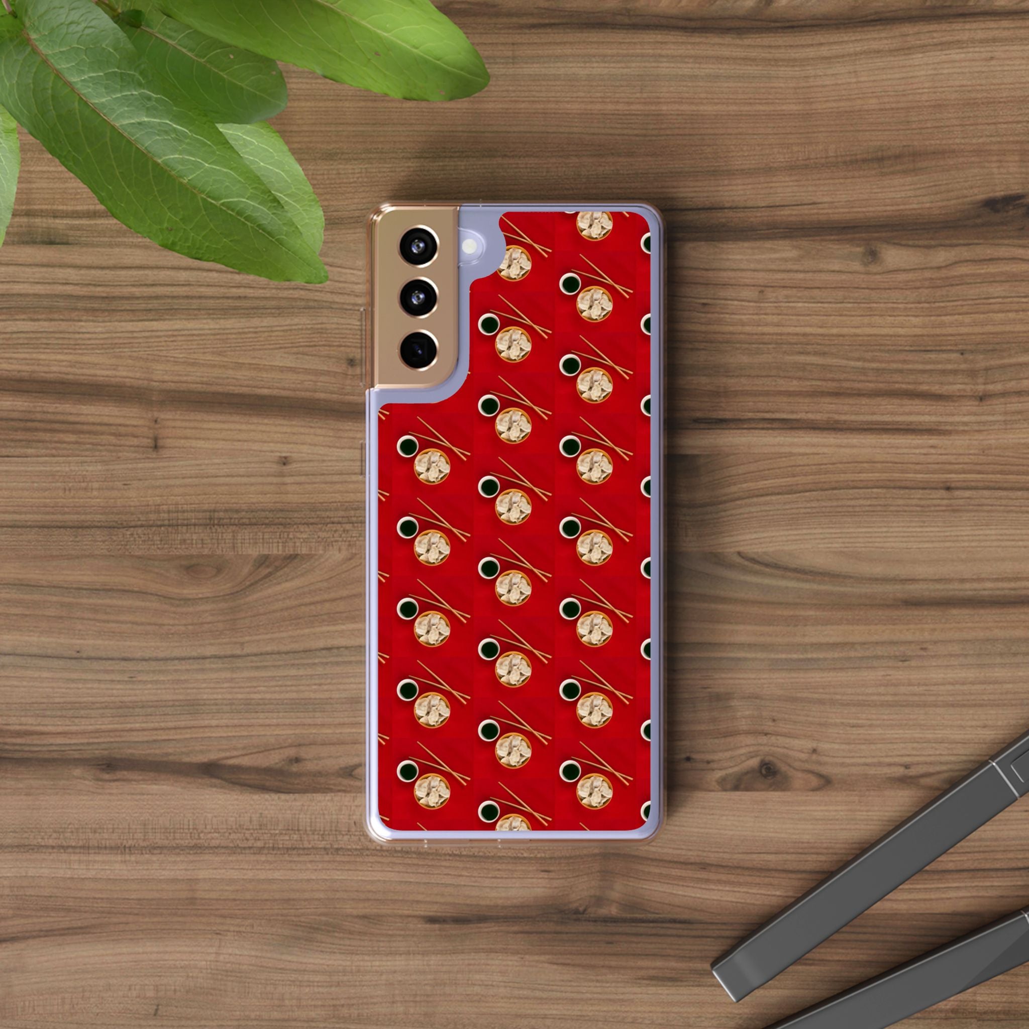 Clear Phone Case — Red Ramen Bowl Pattern with Chopsticks & Soy Sauce