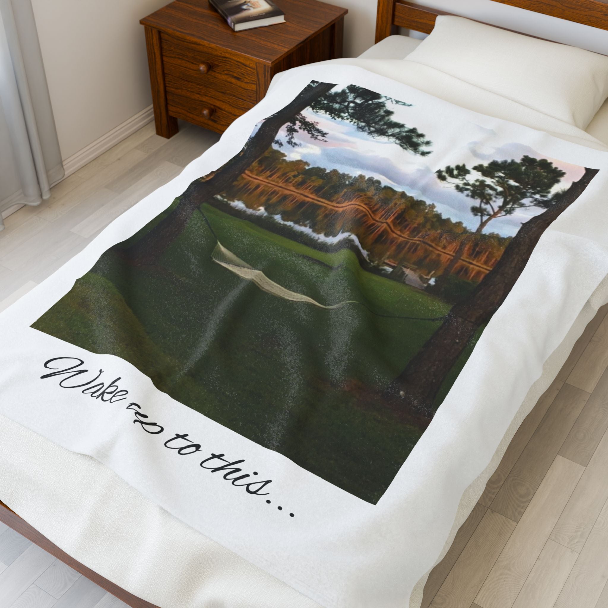 Personalized Cozy Blanket — Lake Hammock Scene "Wake up to this..." Velveteen Plush Throw