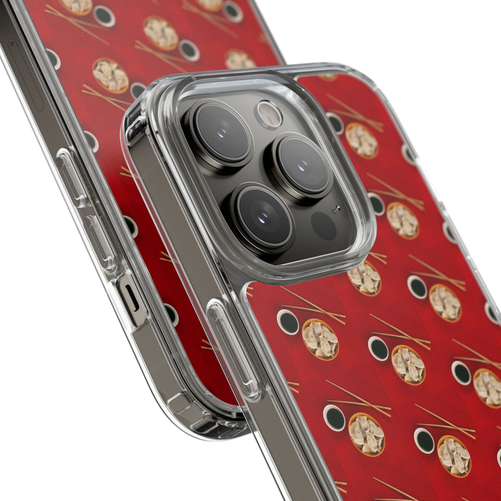 Clear Phone Case — Red Ramen Bowl Pattern with Chopsticks & Soy Sauce