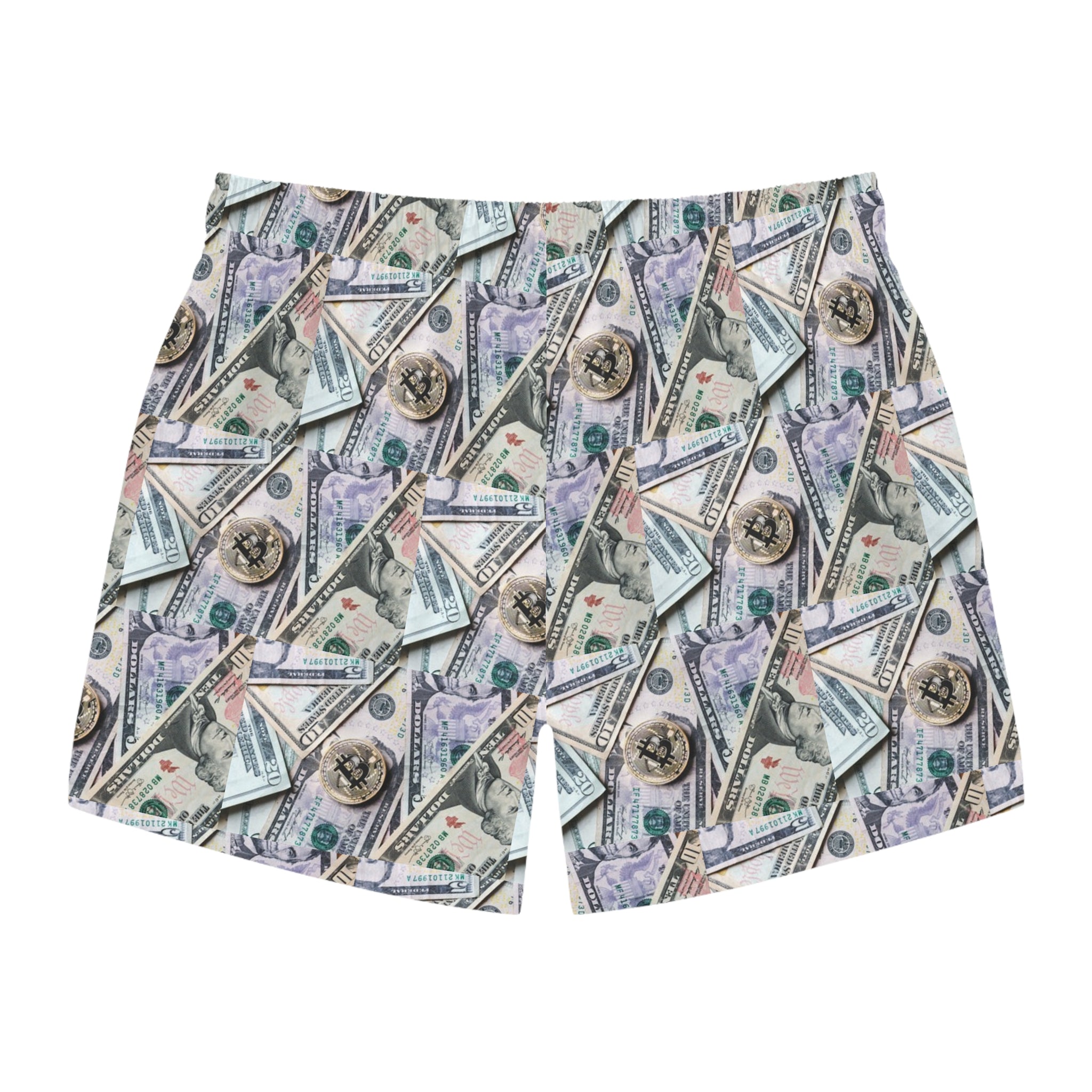 Money Print Swim Trunks — All-Over Cash Pattern Beach Shorts
