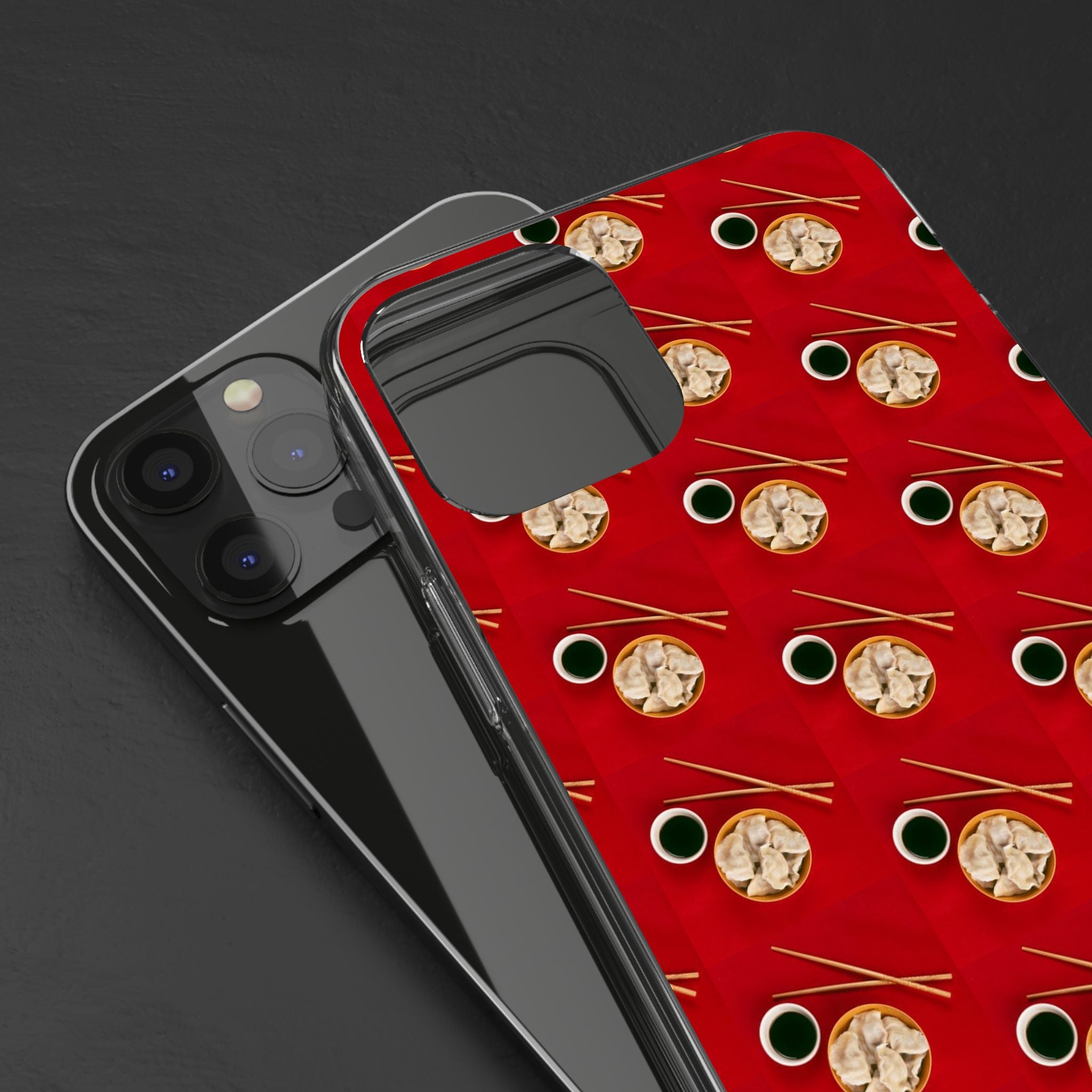 Clear Phone Case — Red Ramen Bowl Pattern with Chopsticks & Soy Sauce
