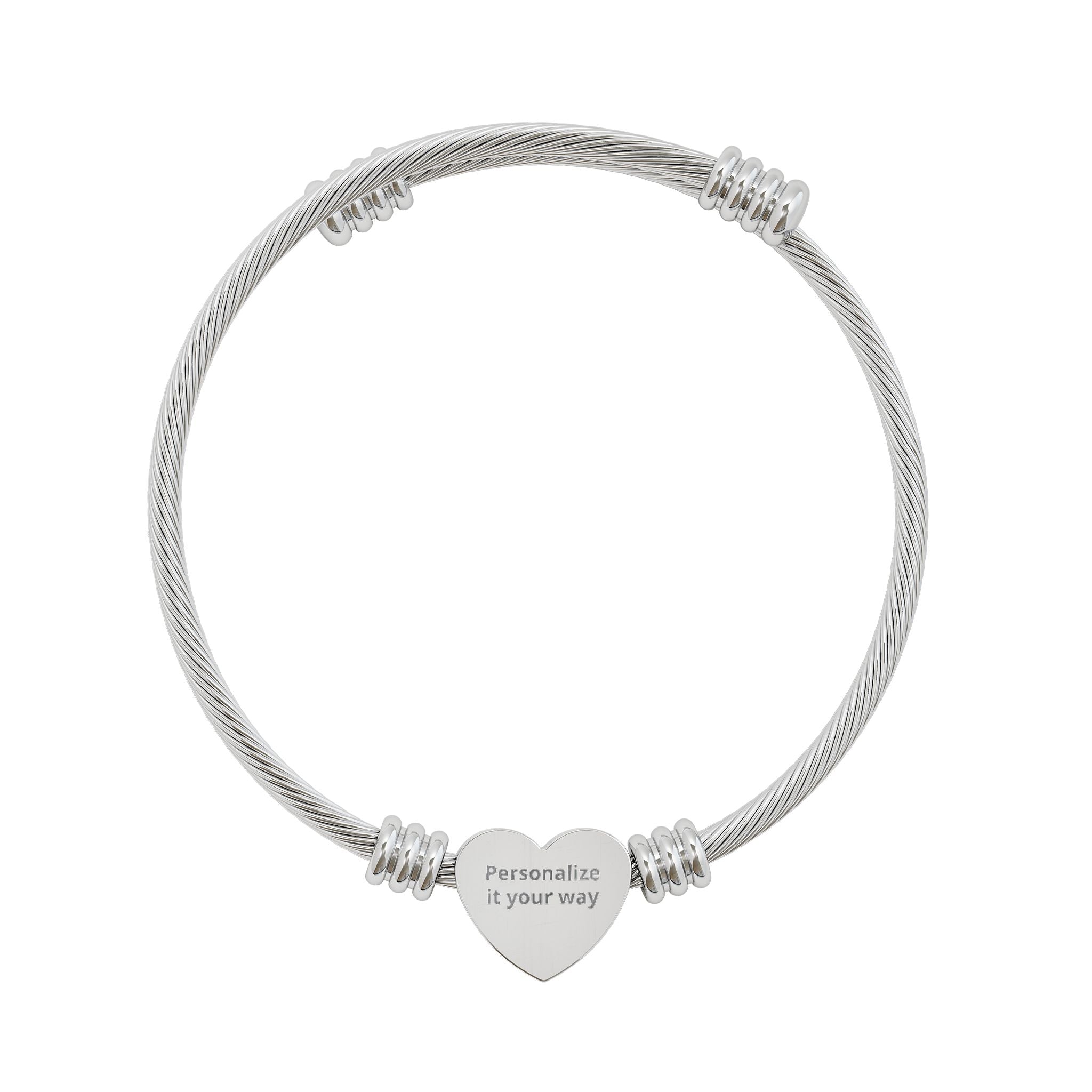 Heart Engraved Cuff Bracelet — Personalized Stainless Steel Heart Charm