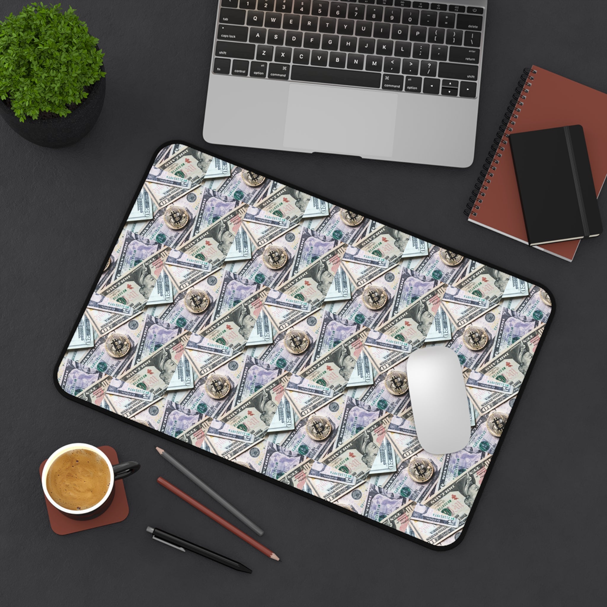 Money Pattern Desk Mat — Cash Collage Mouse Pad for Home Office, Finance & Wealth Vibe