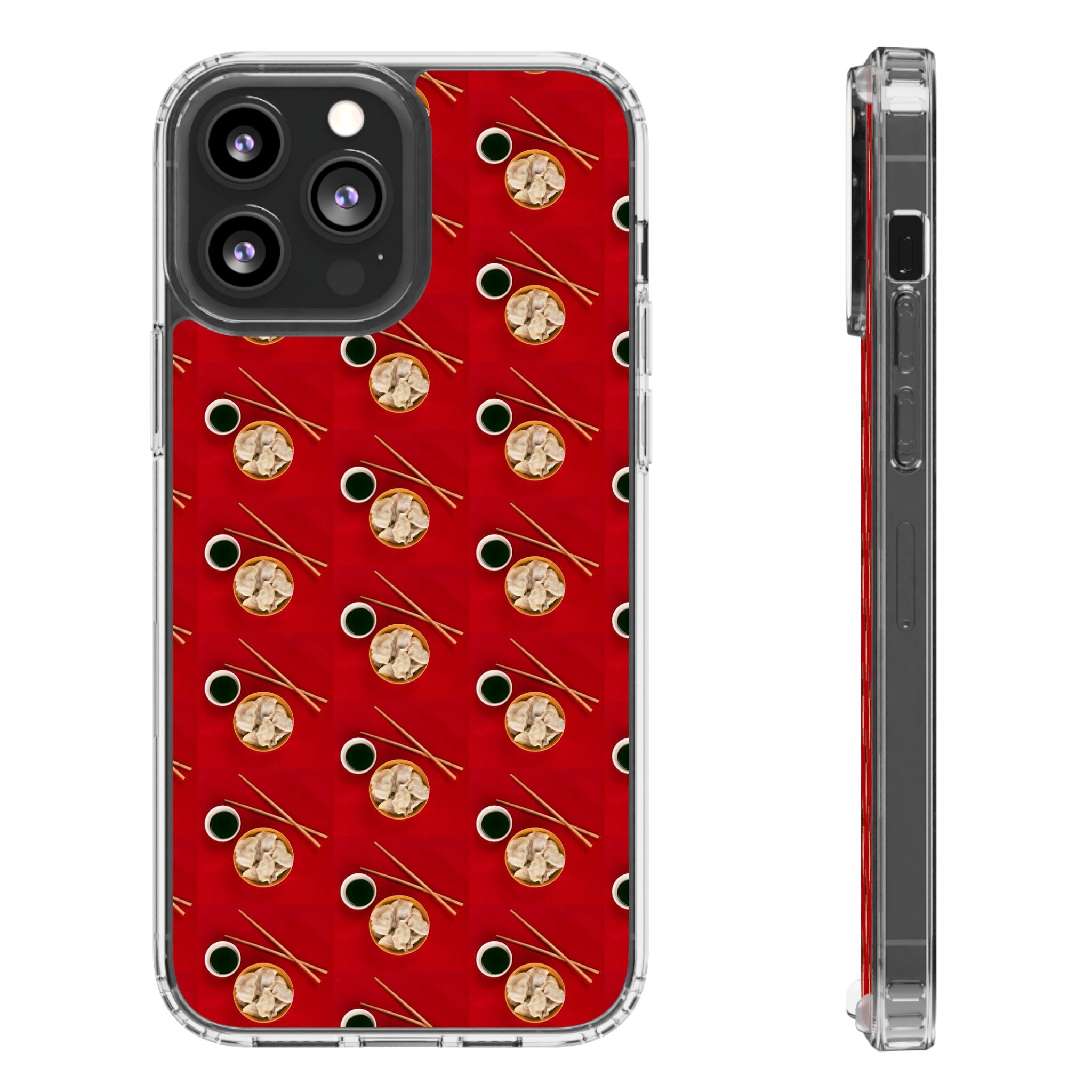 Clear Phone Case — Red Ramen Bowl Pattern with Chopsticks & Soy Sauce