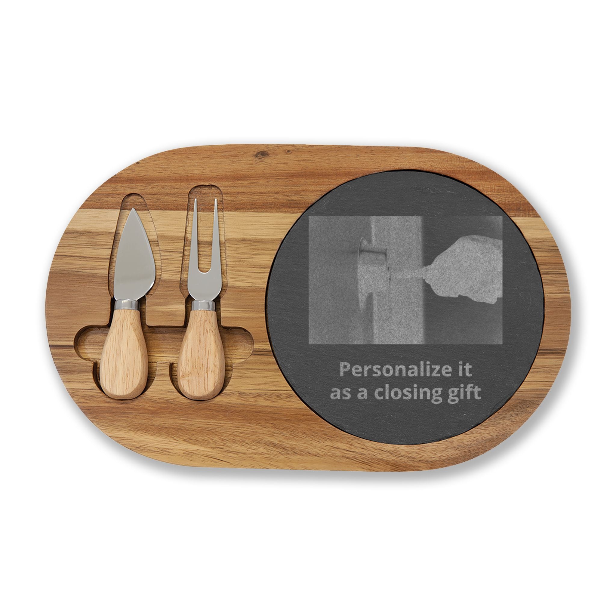 Engraved Charcuterie Board with Cheese Knives — Personalized Oak Serving Platter