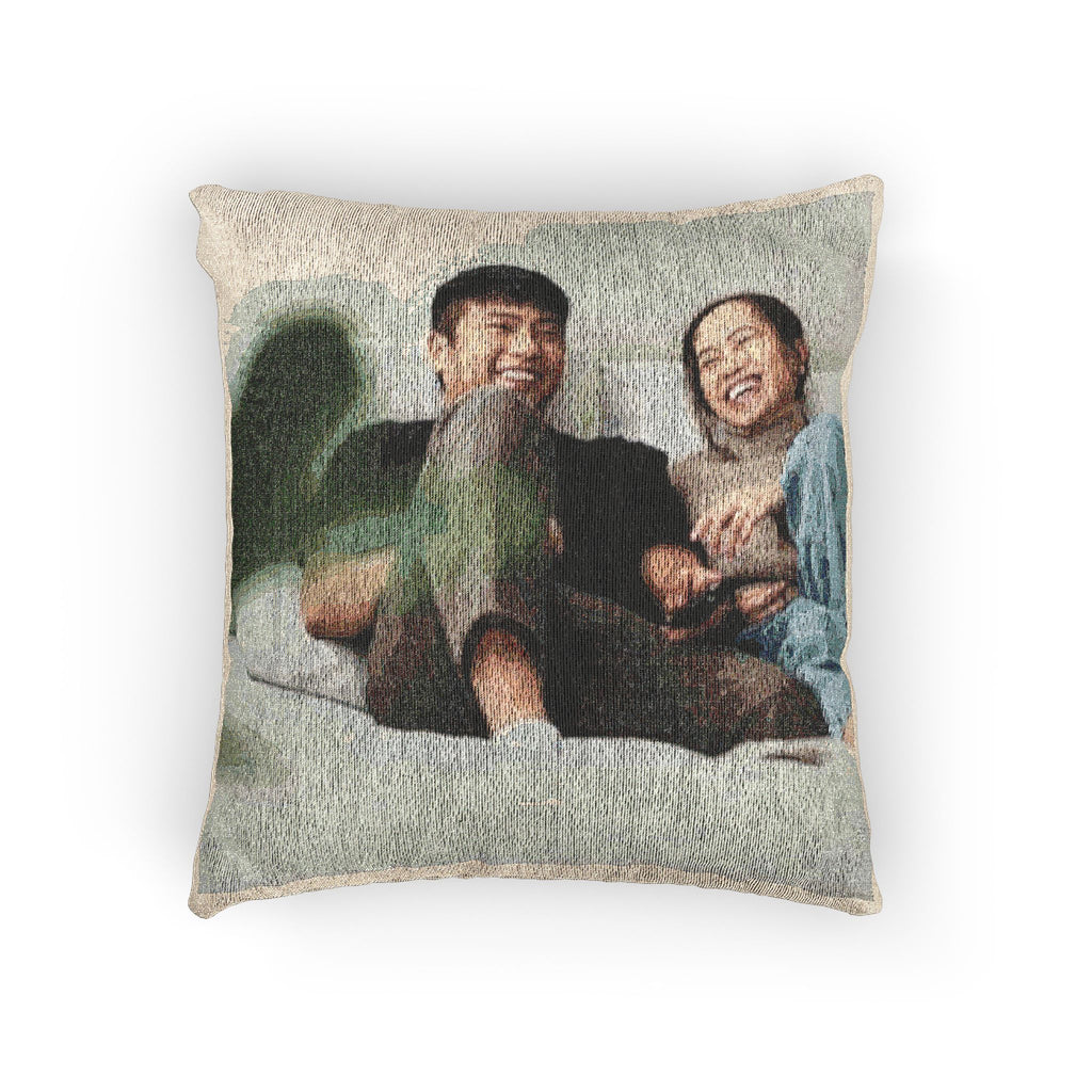 Woven Throw Pillow — Personalized Photo Tapestry Cushion for Couples, Cozy Living Room Accent