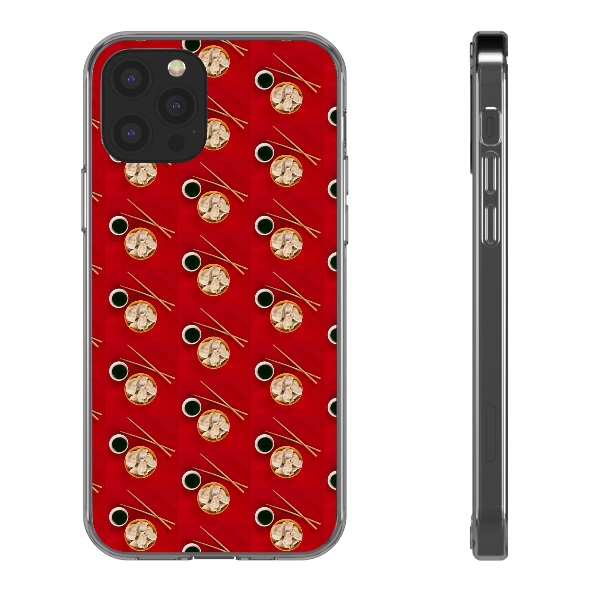 Clear Phone Case — Red Ramen Bowl Pattern with Chopsticks & Soy Sauce