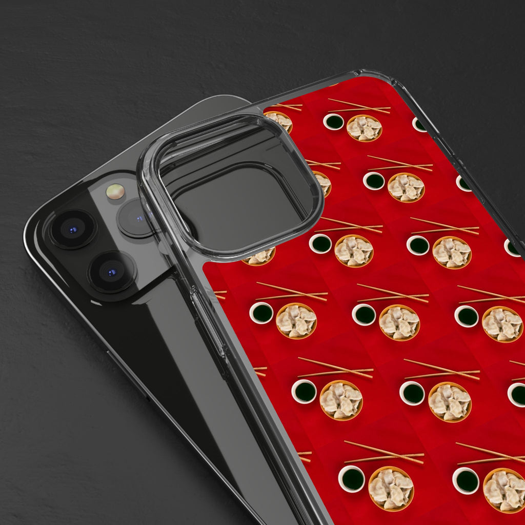 Clear Phone Case — Red Ramen Bowl Pattern with Chopsticks & Soy Sauce