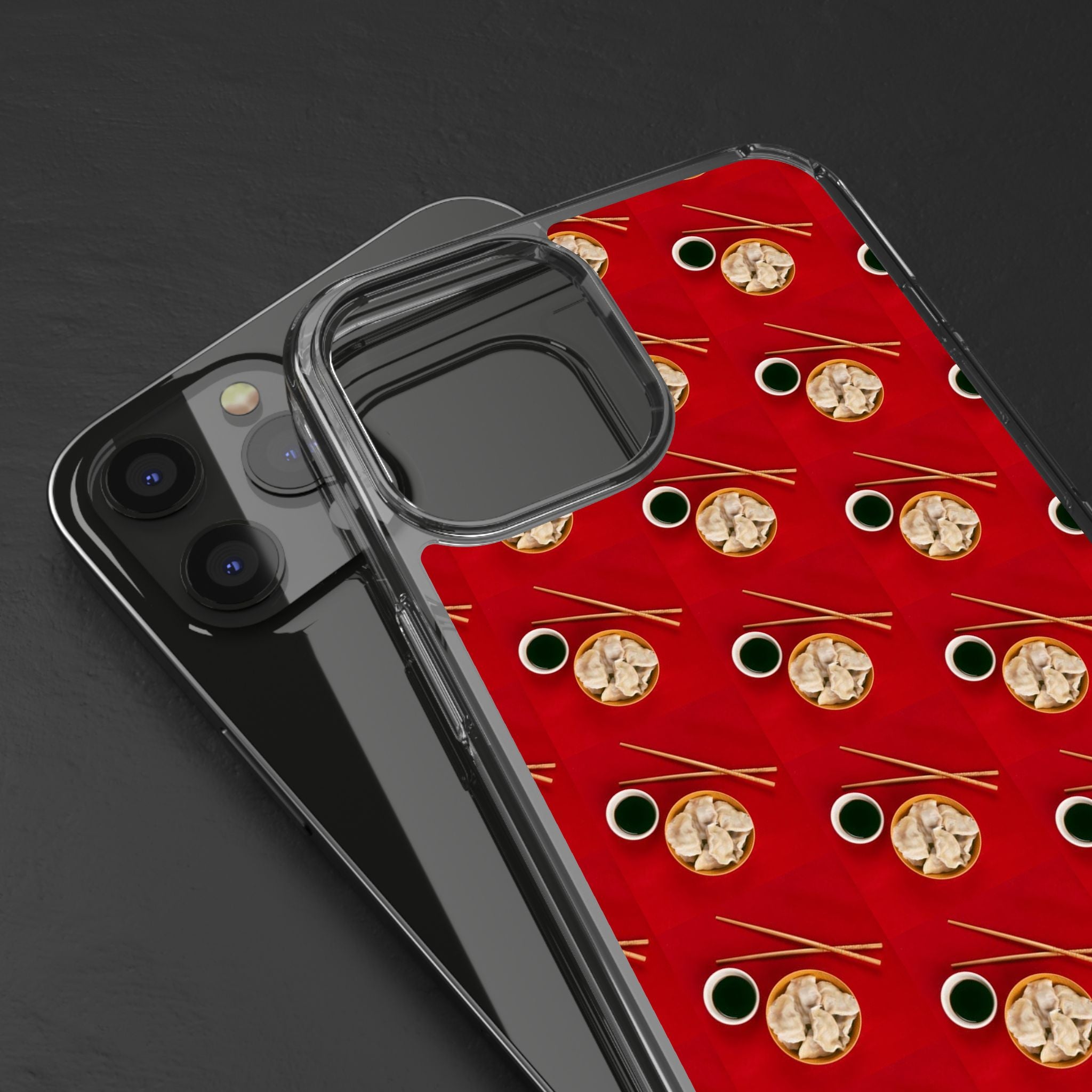 Clear Phone Case — Red Ramen Bowl Pattern with Chopsticks & Soy Sauce