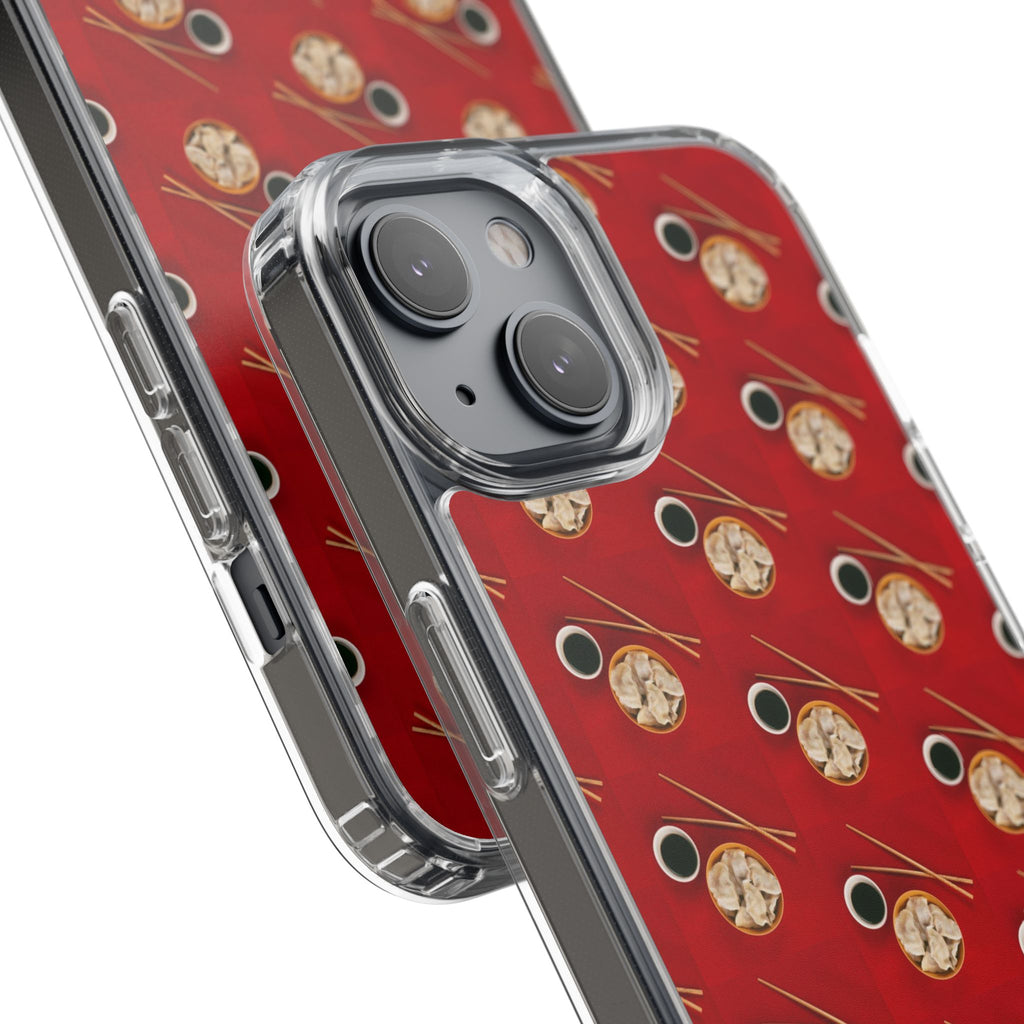 Clear Phone Case — Red Ramen Bowl Pattern with Chopsticks & Soy Sauce