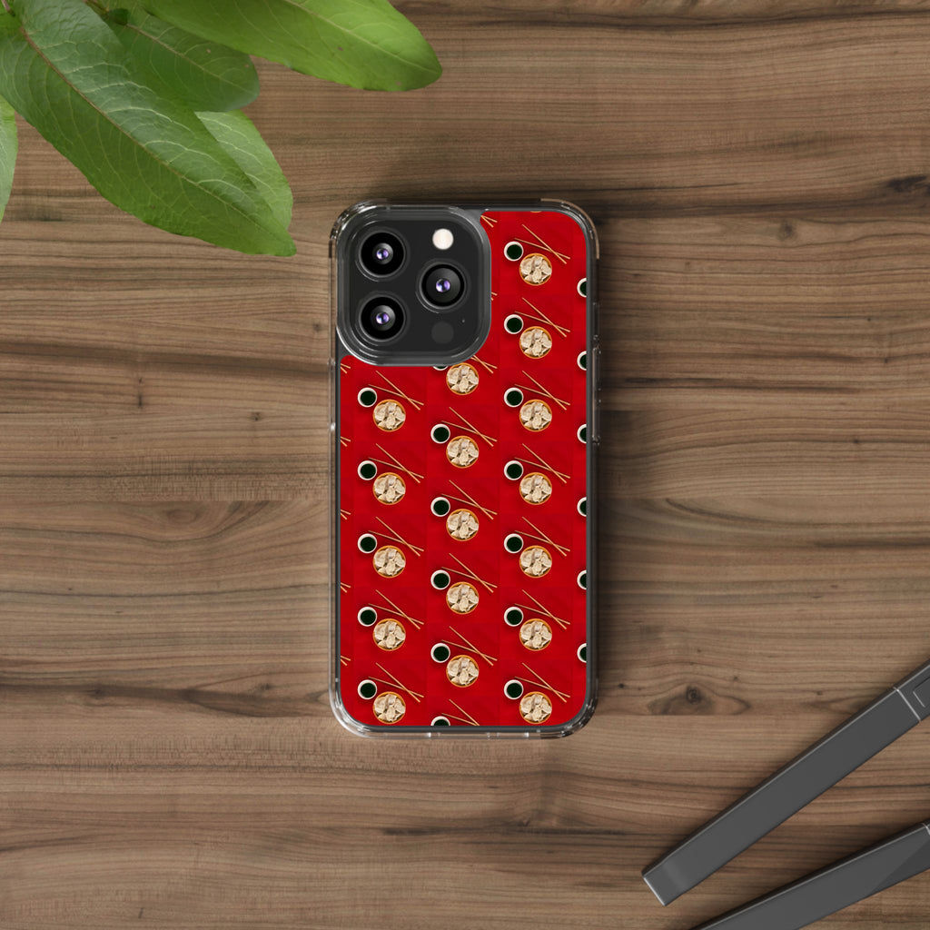 Clear Phone Case — Red Ramen Bowl Pattern with Chopsticks & Soy Sauce