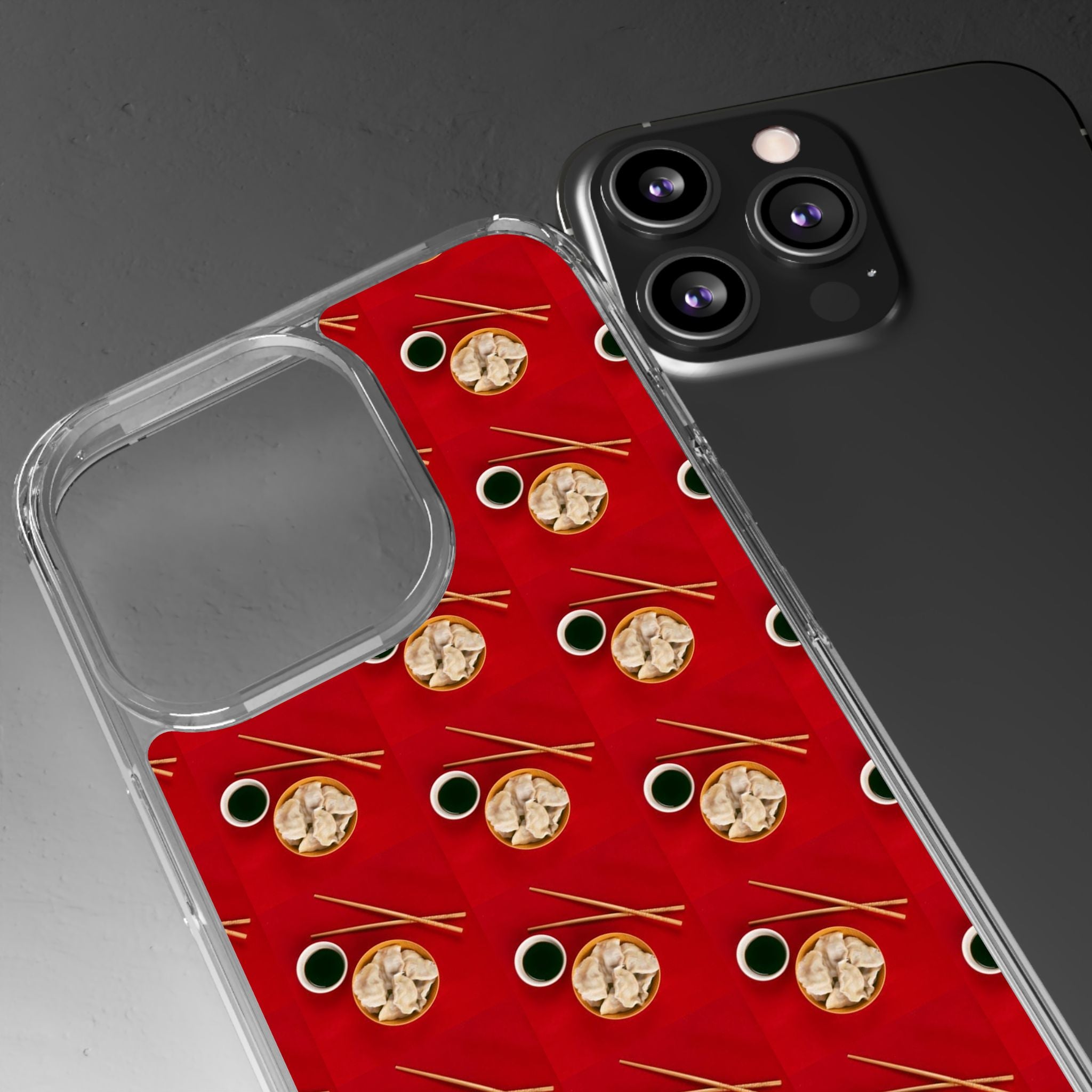 Clear Phone Case — Red Ramen Bowl Pattern with Chopsticks & Soy Sauce