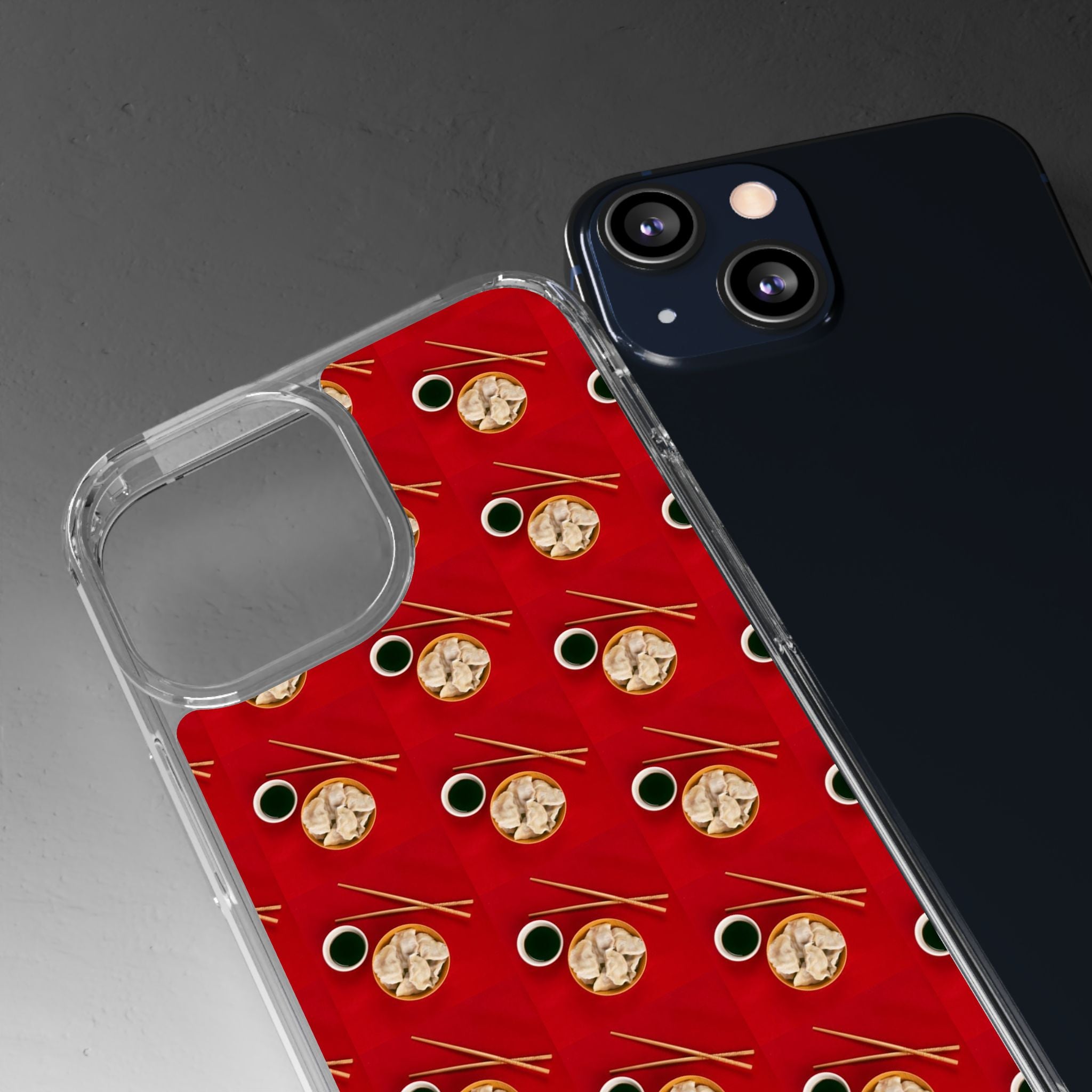 Clear Phone Case — Red Ramen Bowl Pattern with Chopsticks & Soy Sauce