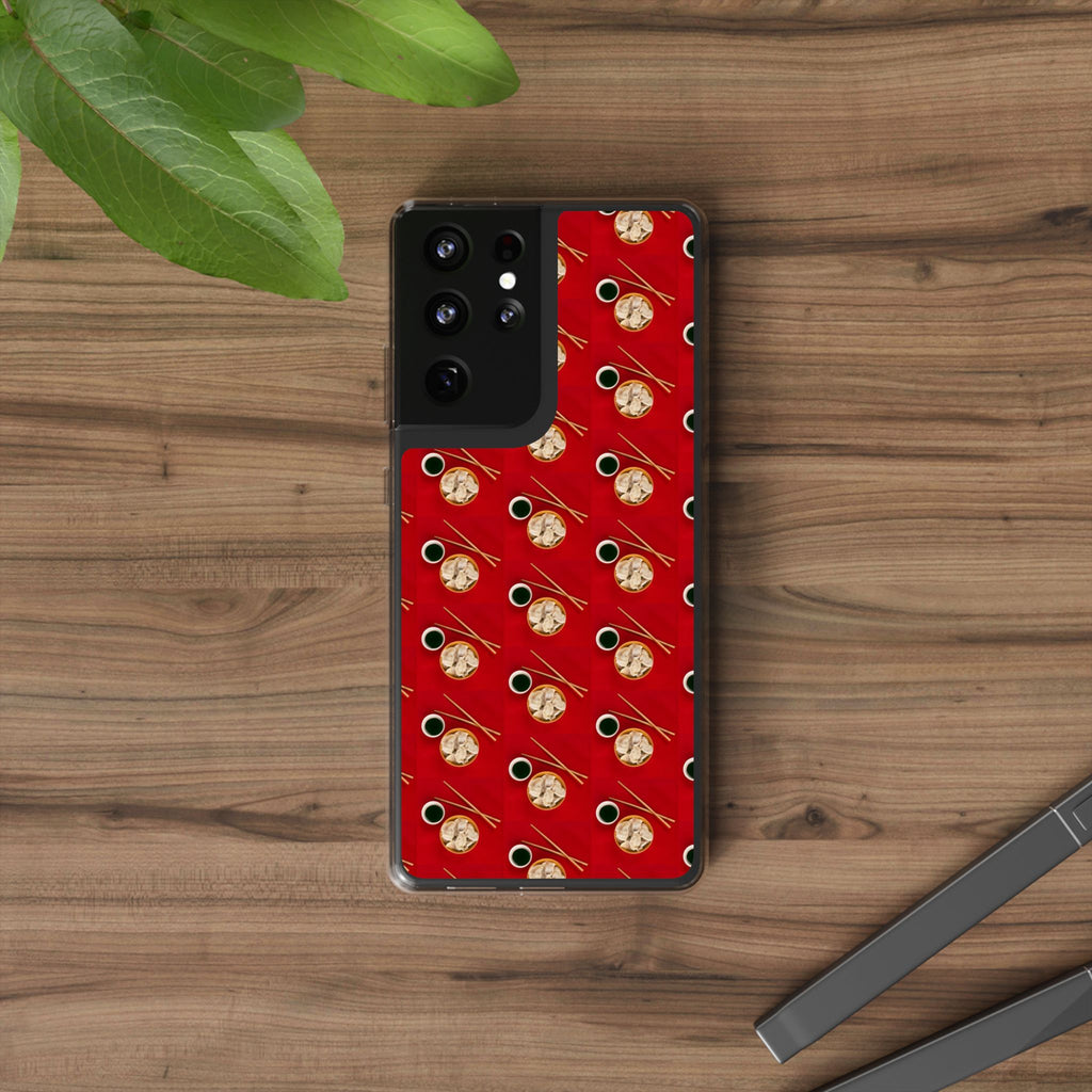 Clear Phone Case — Red Ramen Bowl Pattern with Chopsticks & Soy Sauce