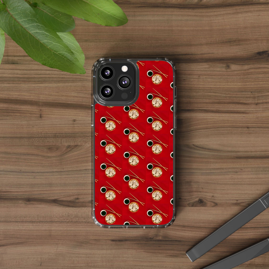 Clear Phone Case — Red Ramen Bowl Pattern with Chopsticks & Soy Sauce