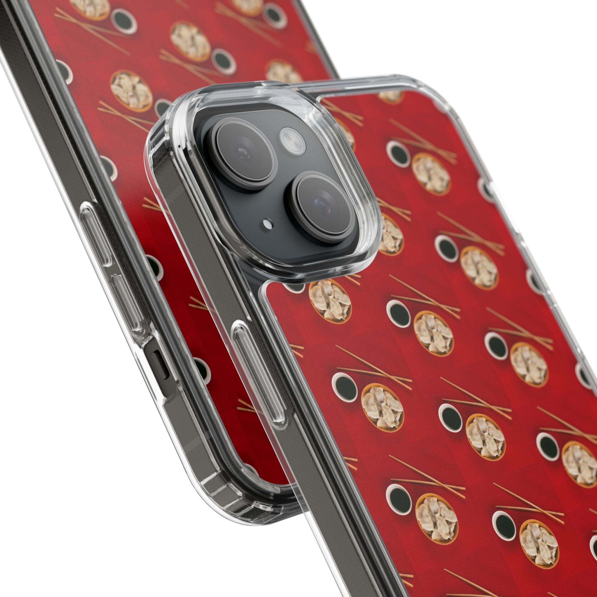 Clear Phone Case — Red Ramen Bowl Pattern with Chopsticks & Soy Sauce